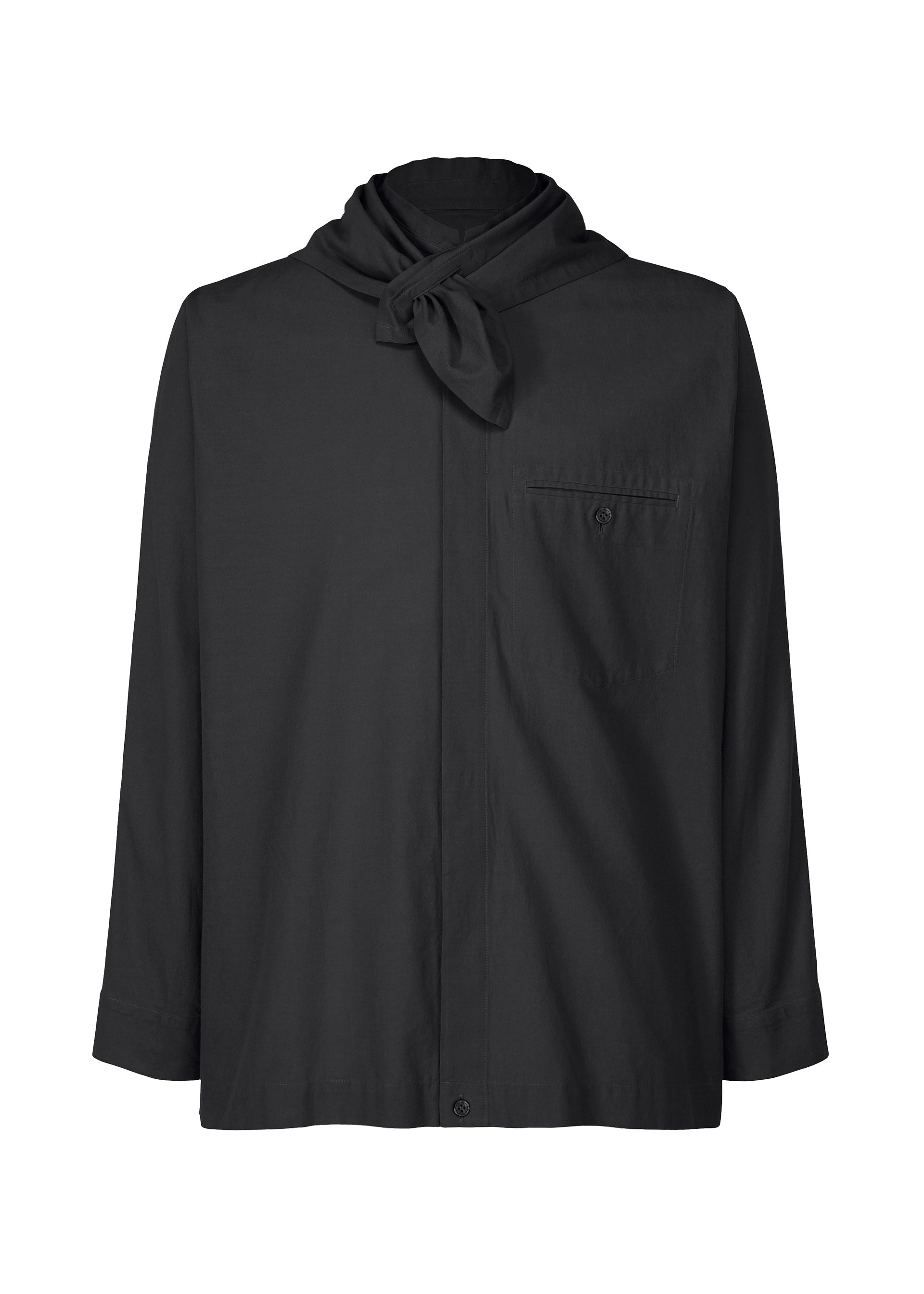 Zoomed view The STREAMLINE SHIRT by HOMME PLISSÉ ISSEY MIYAKE is a black organic cotton shirt with a chest pocket, long sleeves, and a distinctive wrap-around scarf collar, shown against a white background. - BLACK （no.15）