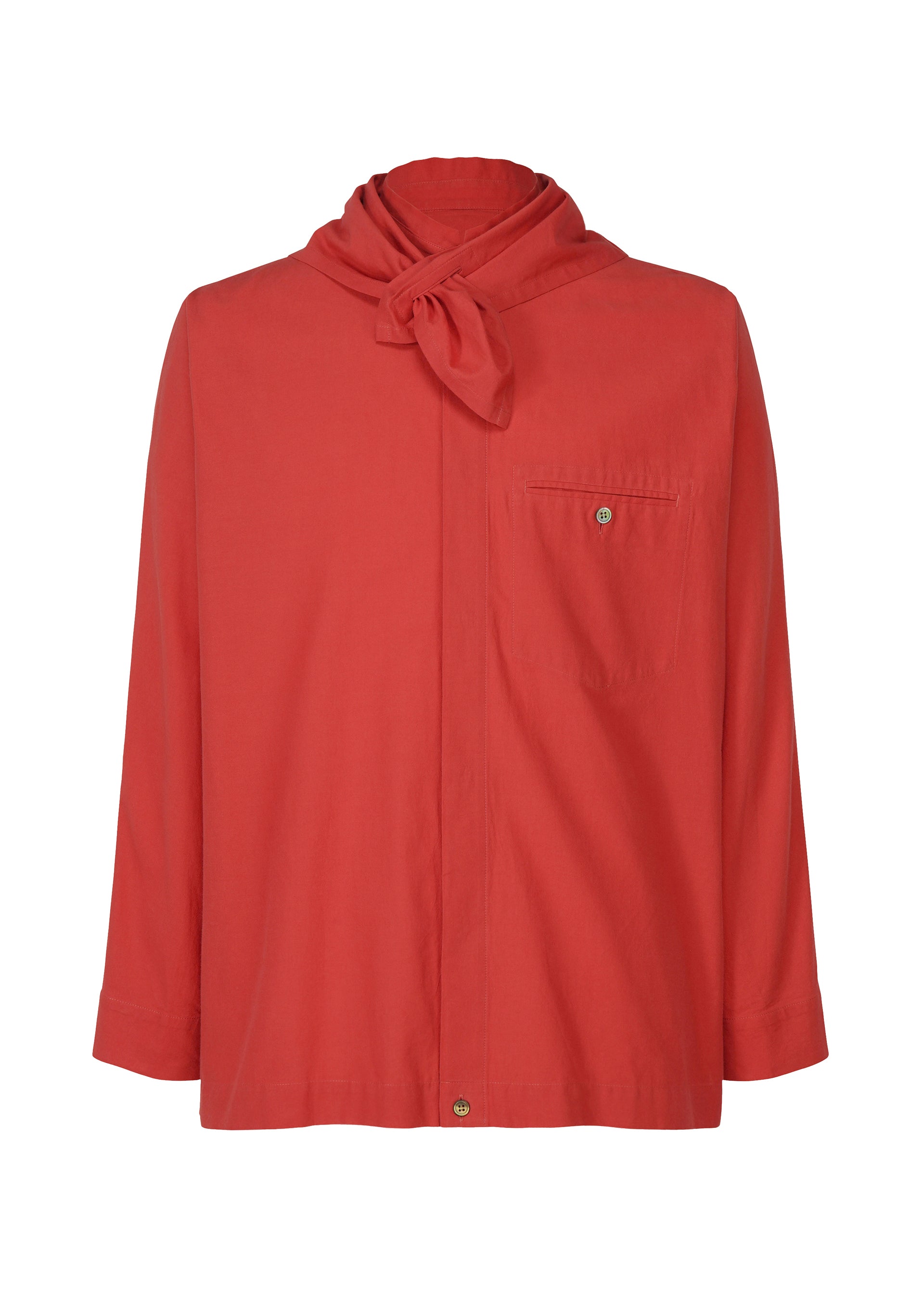 Zoomed view The STREAMLINE SHIRT by HOMME PLISSÉ ISSEY MIYAKE is a long-sleeved red organic cotton button-up with a scarf neckline and single chest pocket, shown against a plain white background. - RED （no.24）