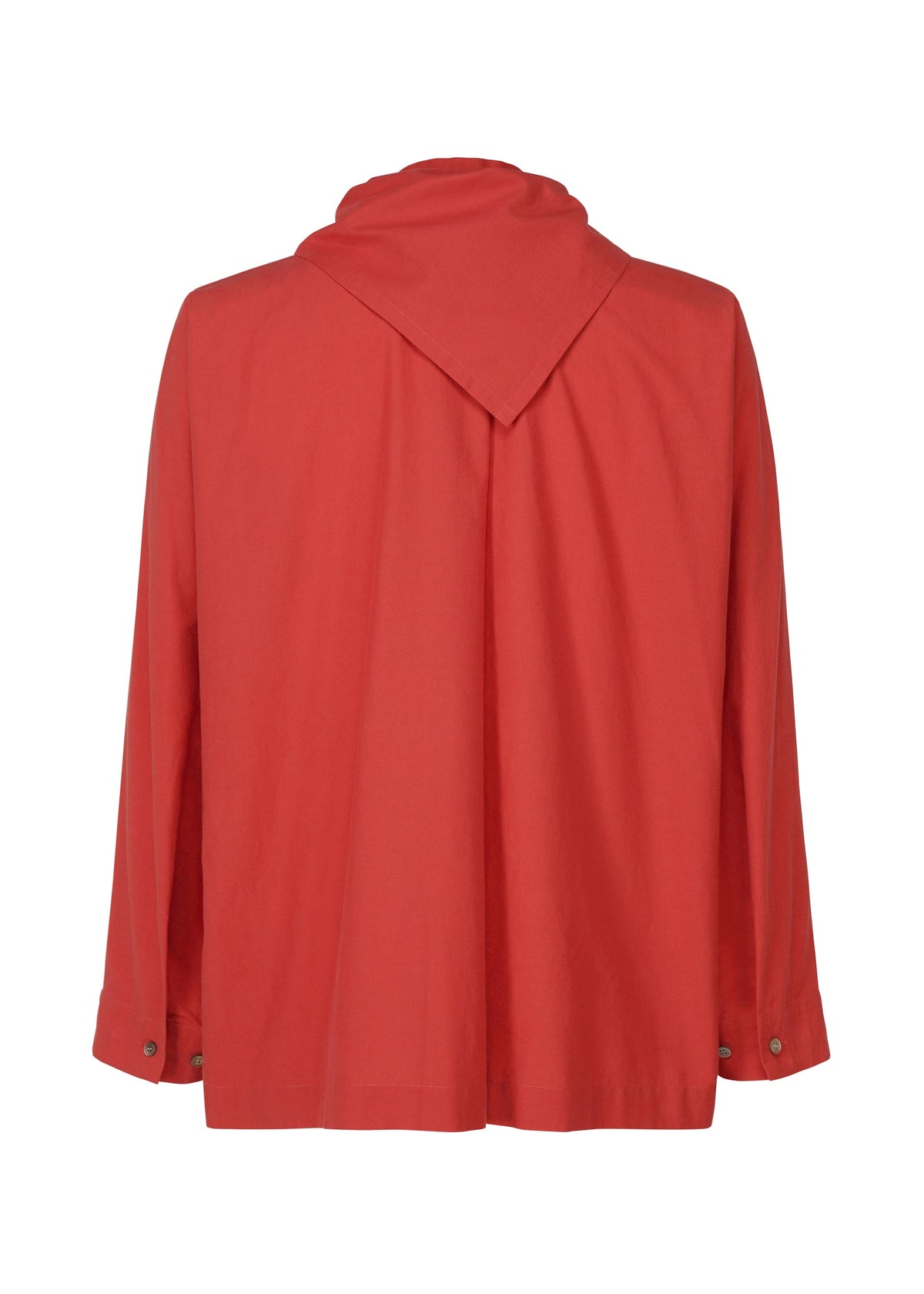 The STREAMLINE SHIRT by HOMME PLISSÉ ISSEY MIYAKE is a loose-fit, long-sleeved red shirt shown from the back, with a wide collar, buttoned cuffs, and smooth, lightweight fabric. view 4 of 7