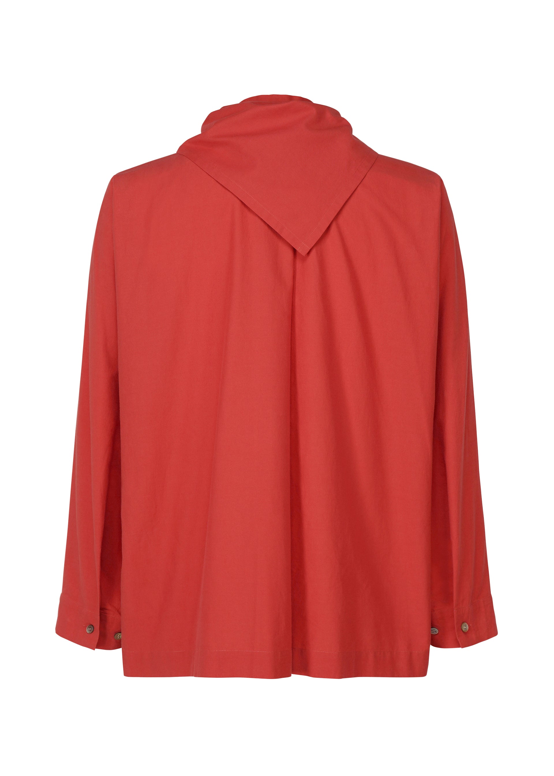 Zoomed view The STREAMLINE SHIRT by HOMME PLISSÉ ISSEY MIYAKE is a loose-fit, long-sleeved red shirt shown from the back, with a wide collar, buttoned cuffs, and smooth, lightweight fabric.