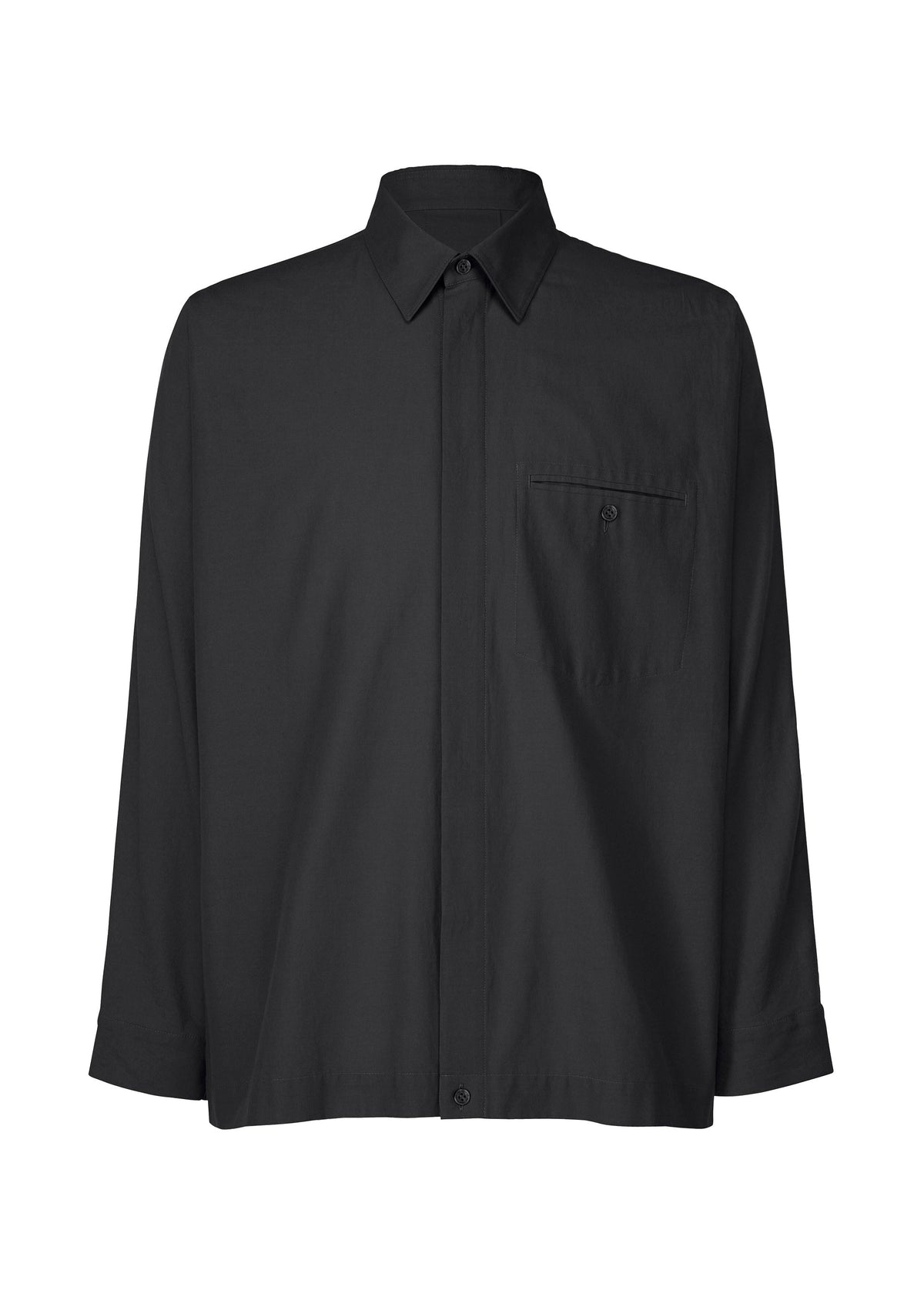 The STREAMLINE SHIRT by HOMME PLISSÉ ISSEY MIYAKE is a plain black, long-sleeve, button-up shirt with a chest pocket and classic collar, shown against a white background. view 3 of 8