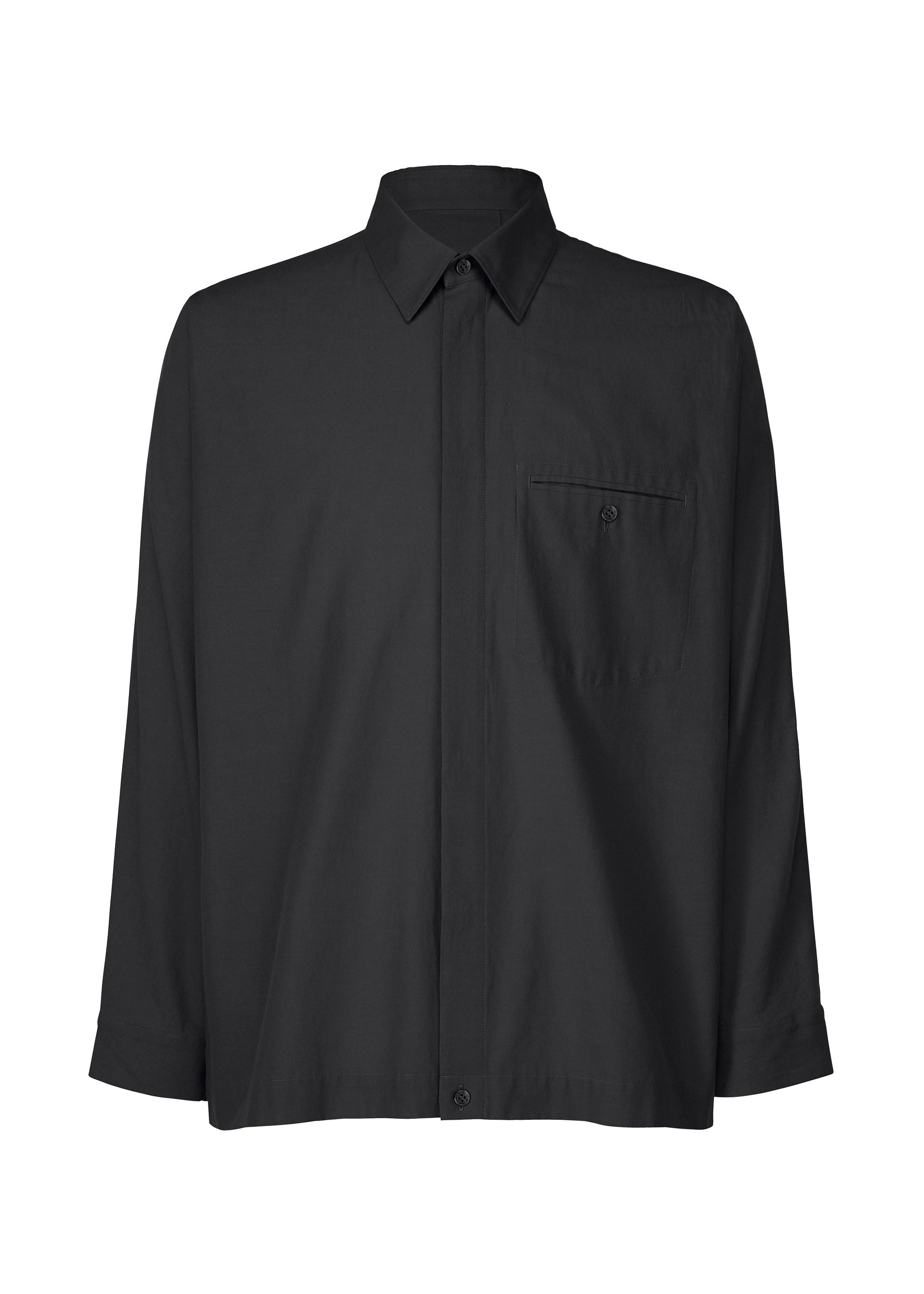Zoomed view The STREAMLINE SHIRT by HOMME PLISSÉ ISSEY MIYAKE is a plain black, long-sleeve, button-up shirt with a chest pocket and classic collar, shown against a white background. - BLACK （no.15）