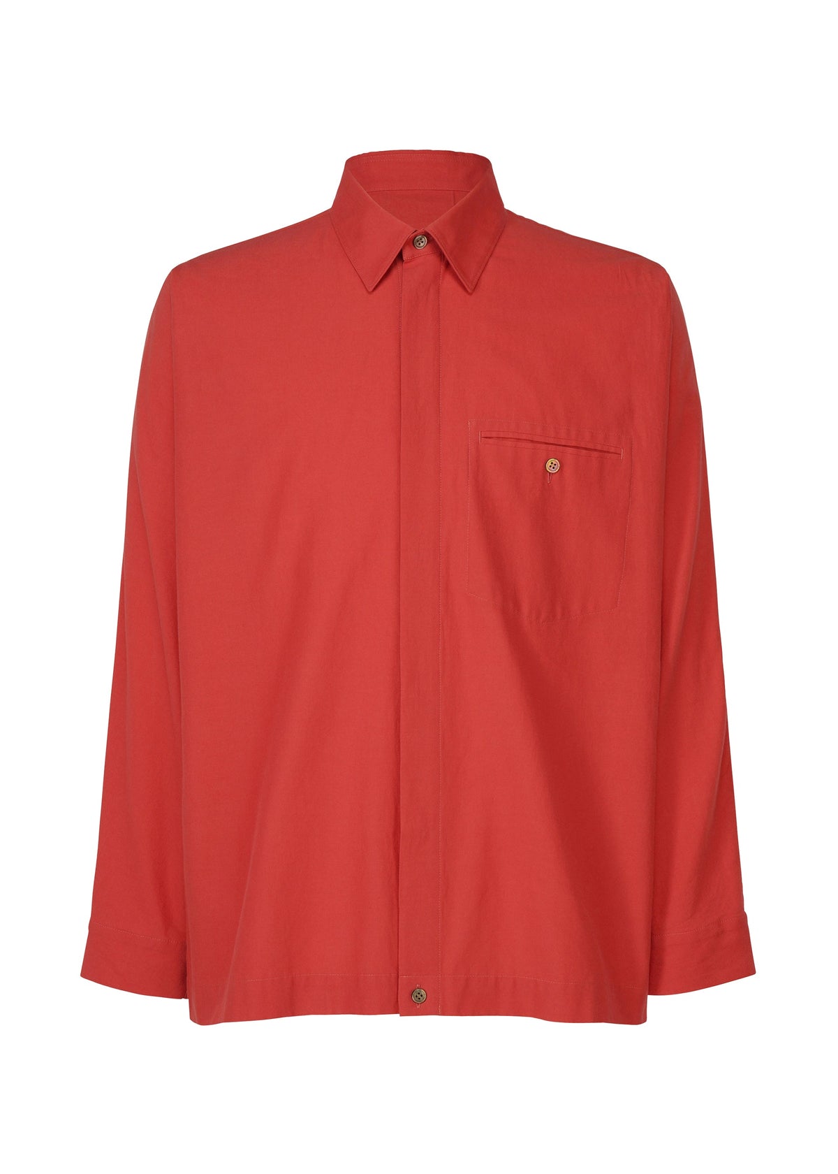 The STREAMLINE SHIRT by HOMME PLISSÉ ISSEY MIYAKE is a red, long-sleeve button-up with a regular collar and single chest pocket, shown on a plain white background. view 1 of 8