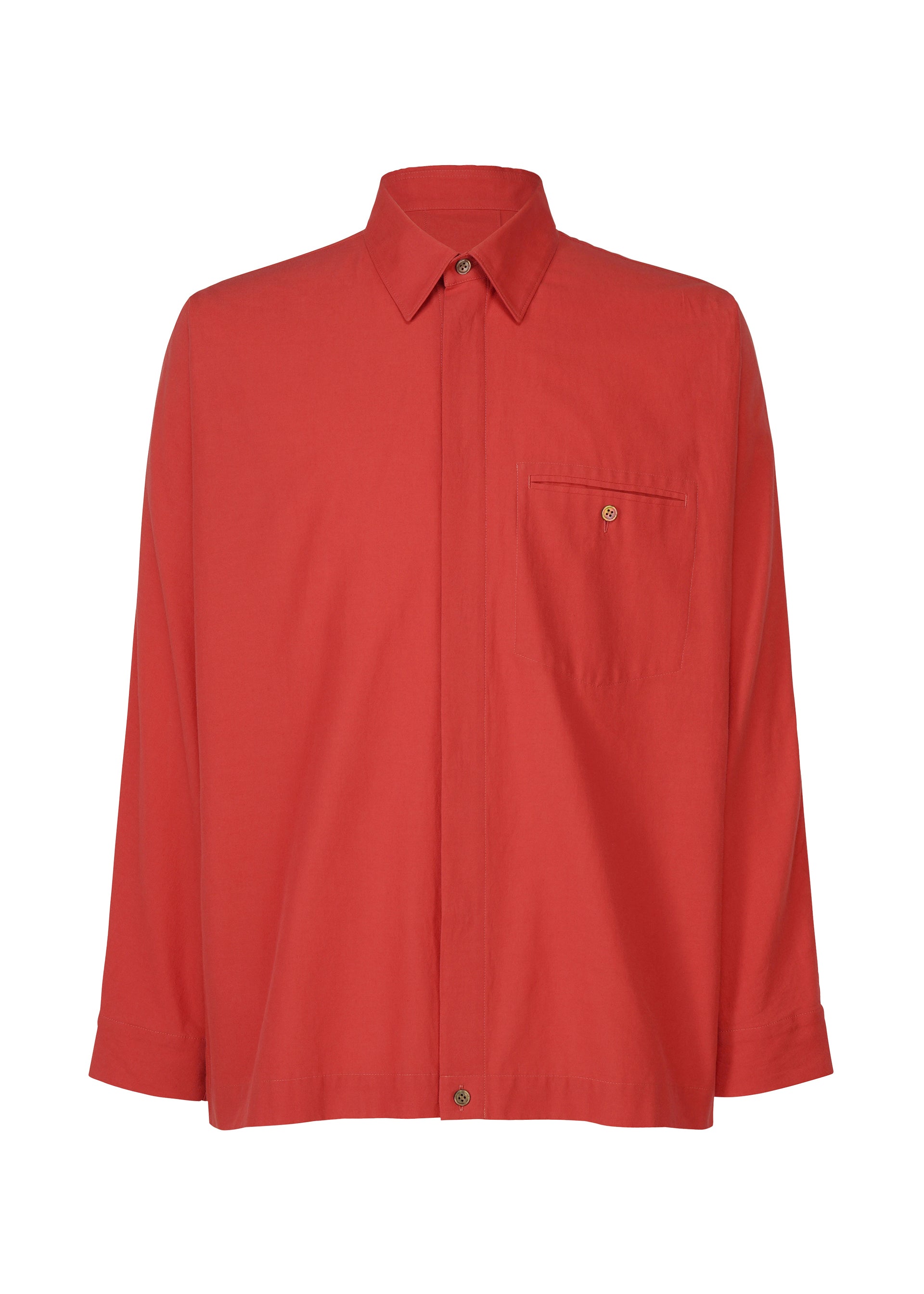 Zoomed view The STREAMLINE SHIRT by HOMME PLISSÉ ISSEY MIYAKE is a red, long-sleeve button-up with a regular collar and single chest pocket, shown on a plain white background. - RED （no.24）