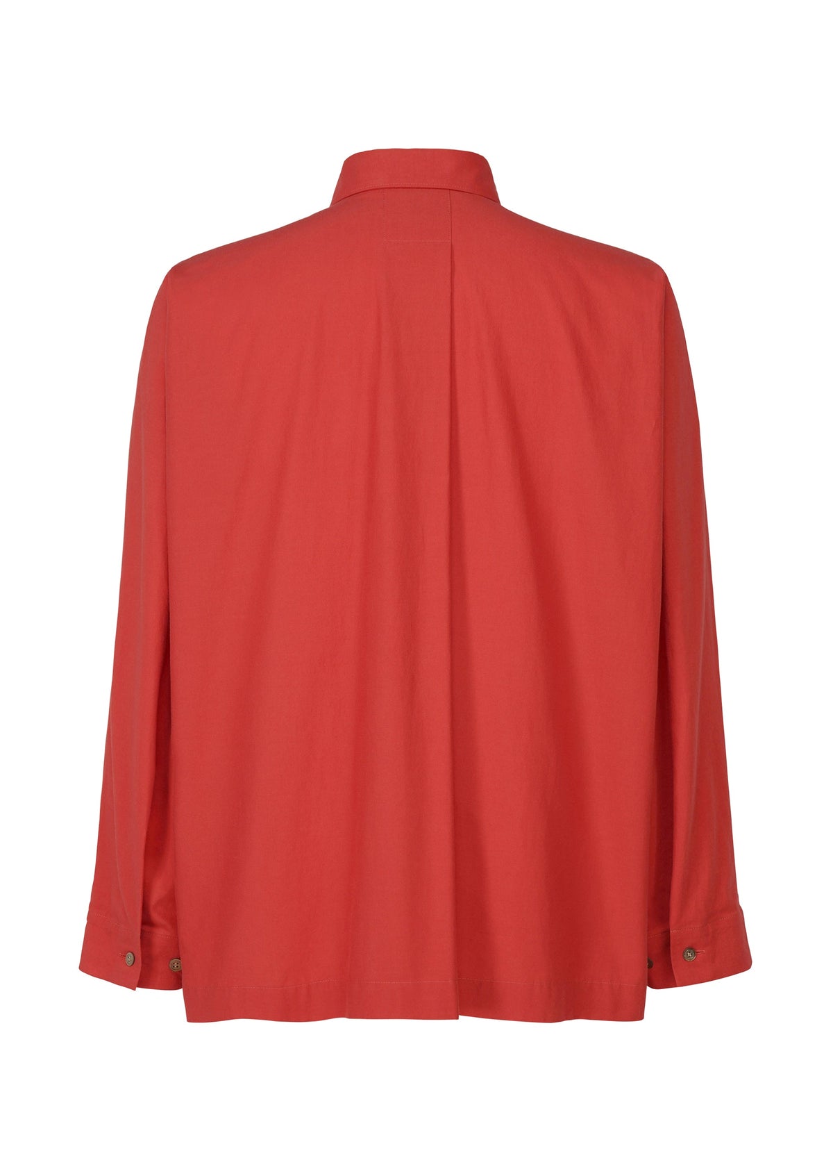 The STREAMLINE SHIRT by HOMME PLISSÉ ISSEY MIYAKE features long sleeves, a regular collar, and buttoned cuffs in red organic cotton, shown from the back against a white background. view 4 of 8