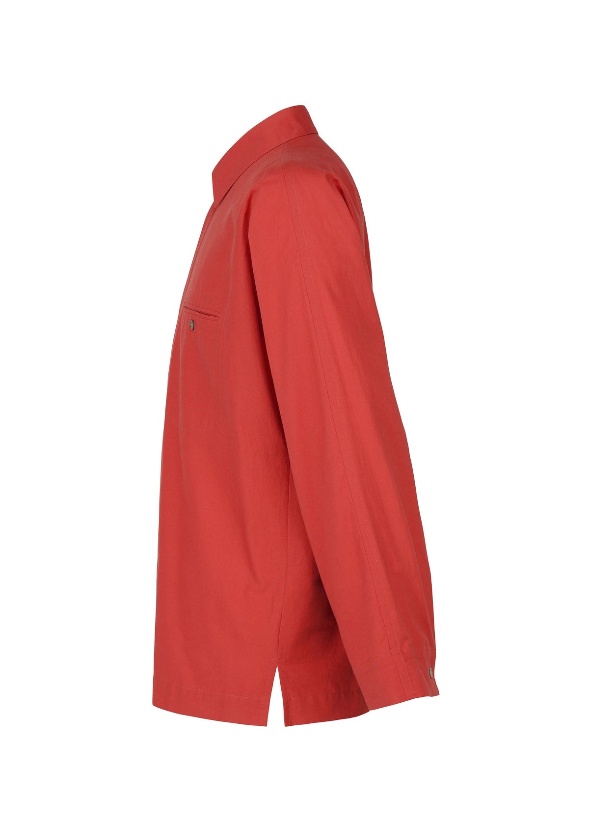 Side view of the STREAMLINE SHIRT by HOMME PLISSÉ ISSEY MIYAKE—a long-sleeved, button-up red organic cotton shirt with a regular collar and single chest pocket—shown on a plain white background. view 5 of 8