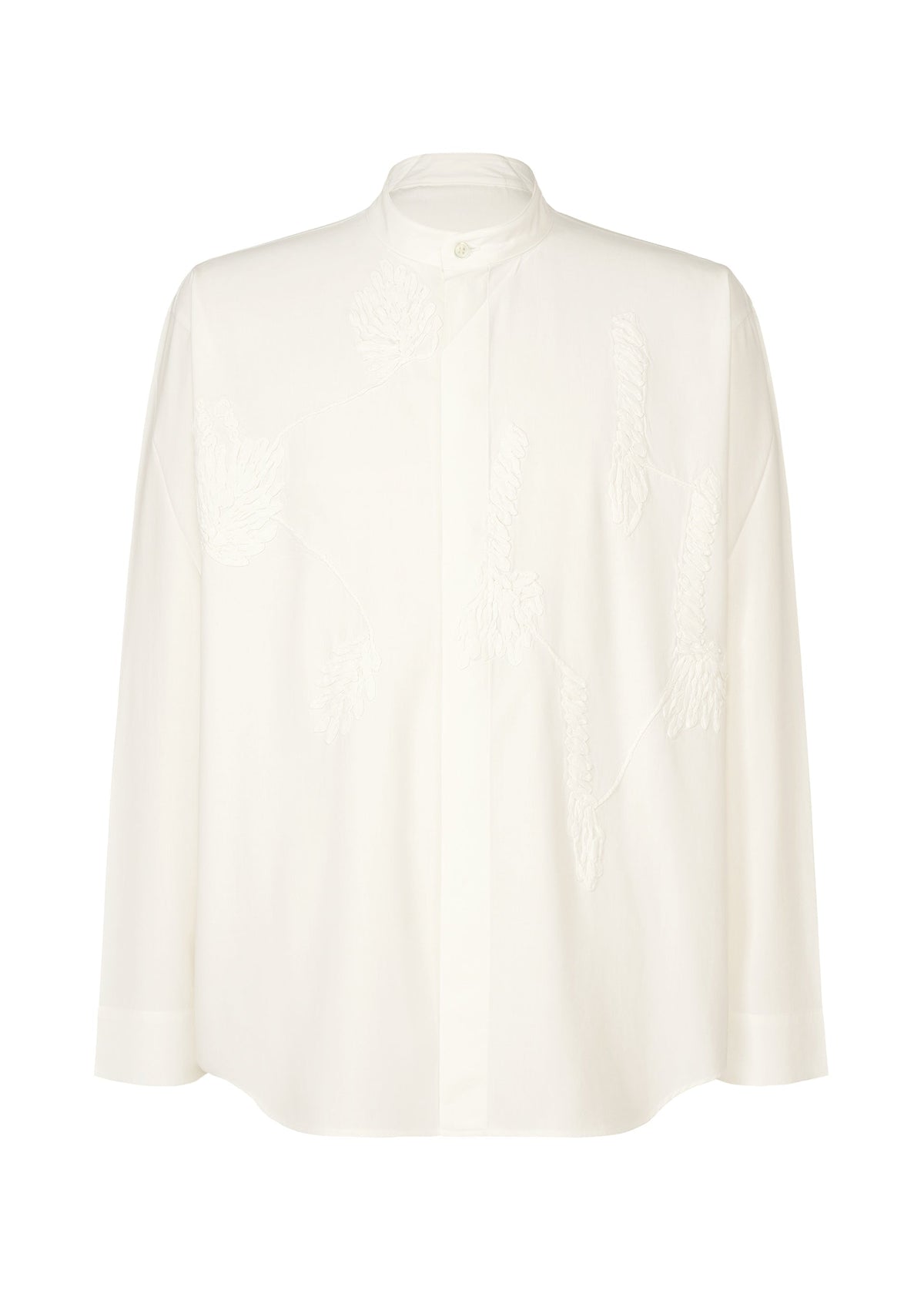 The EMBROIDERY PRESS SHIRT by HOMME PLISSÉ ISSEY MIYAKE is a white, long-sleeved shirt featuring a mandarin collar and subtle floral embroidery—ideal for formal occasions. view 1 of 8