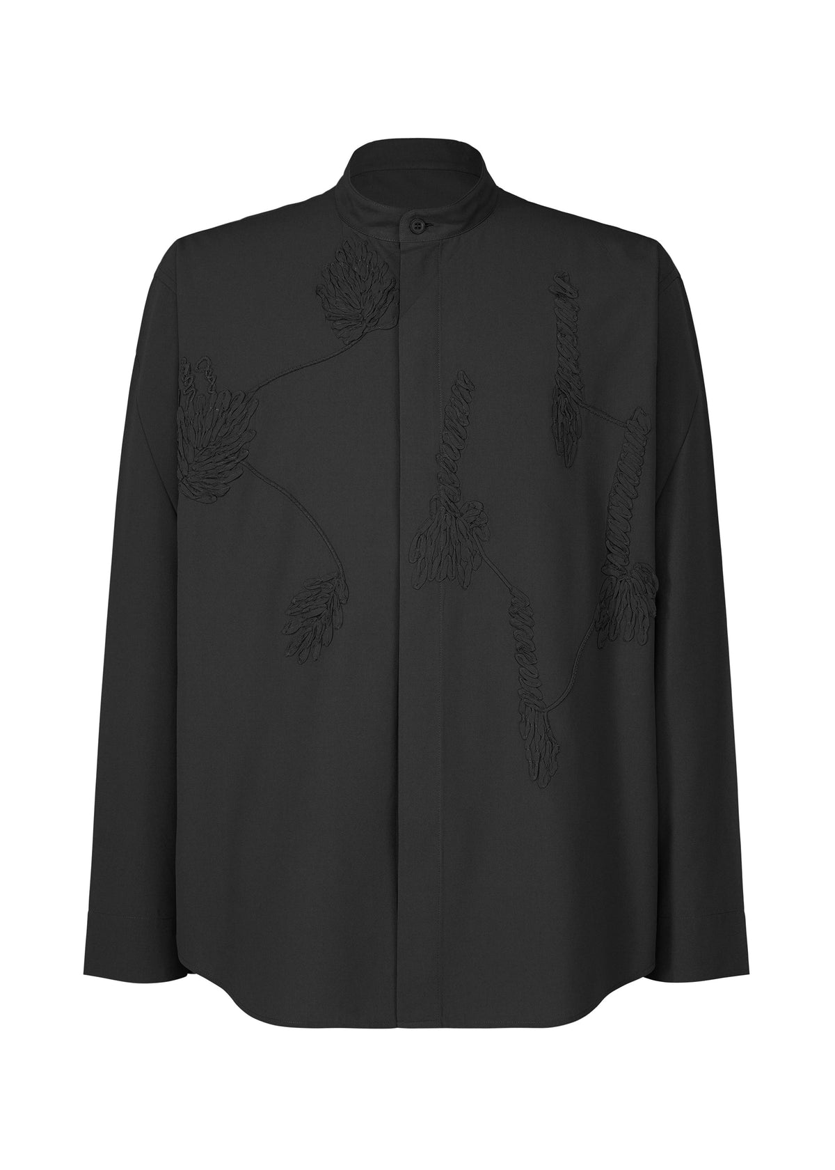 The EMBROIDERY PRESS SHIRT by HOMME PLISSÉ ISSEY MIYAKE is a black, long-sleeved formal shirt with a mandarin collar, subtle leaf embroidery, concealed buttons, and a loose fit for effortless sophistication. view 2 of 8