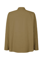 The image shows the back of the EMBROIDERY PRESS SHIRT by HOMME PLISSÉ ISSEY MIYAKE, a long-sleeved, light brown formal shirt with a straight cut, simple collar, and minimal detailing.
