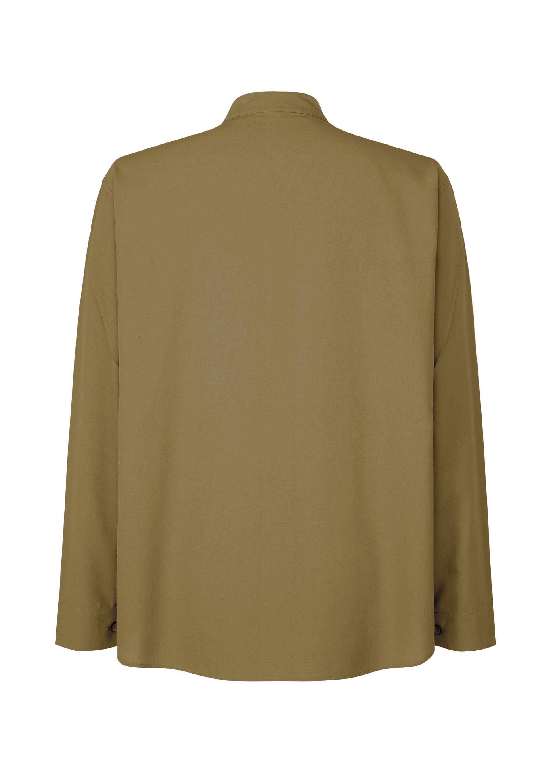Zoomed view The image shows the back of the EMBROIDERY PRESS SHIRT by HOMME PLISSÉ ISSEY MIYAKE, a long-sleeved, light brown formal shirt with a straight cut, simple collar, and minimal detailing.