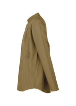 Side view of the EMBROIDERY PRESS SHIRT by HOMME PLISSÉ ISSEY MIYAKE in olive green, featuring a standing collar, subtle front embroidery, and a relaxed fit, displayed against a white background.