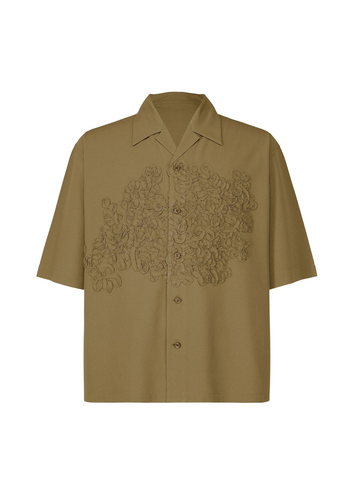The EMBROIDERY PRESS SHIRT by HOMME PLISSÉ ISSEY MIYAKE is a relaxed-fit, short-sleeved khaki shirt with an open collar and an abstract dark brown embroidered design on the front left side. view 3 of 9