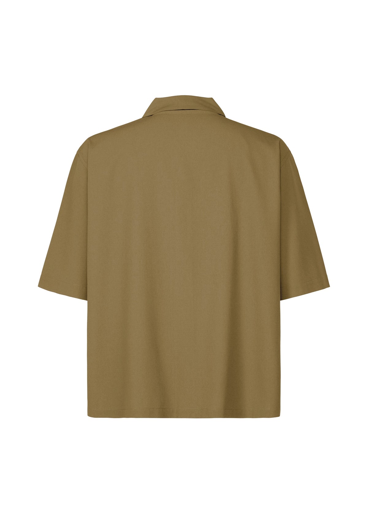 The HOMME PLISSÉ ISSEY MIYAKE EMBROIDERY PRESS SHIRT is a khaki short-sleeved shirt with a relaxed fit, classic collar, easy-care fabric, and is shown from the back. view 4 of 9