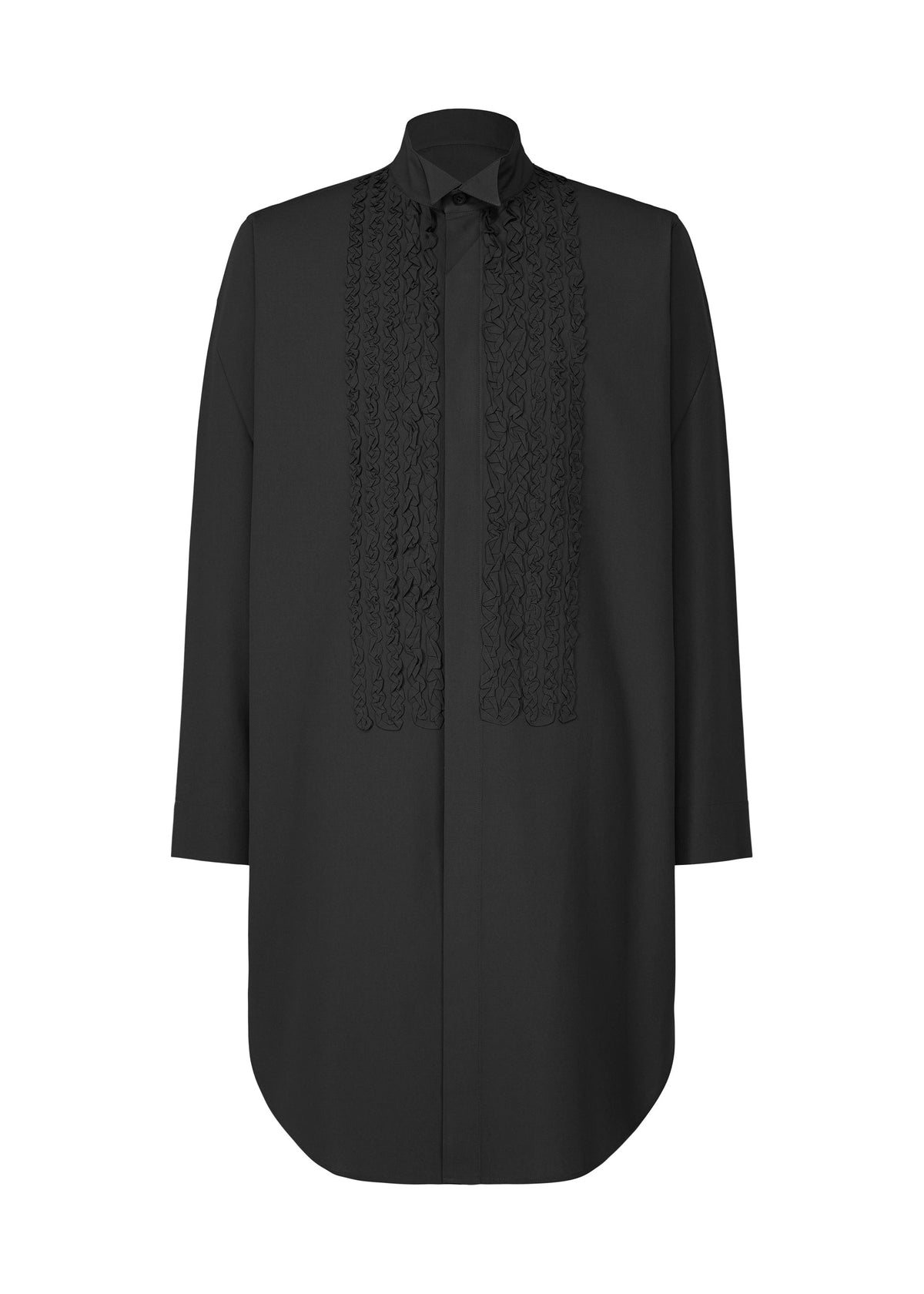 The EMBROIDERY PRESS SHIRT by HOMME PLISSÉ ISSEY MIYAKE is a black, long-sleeve formal shirt featuring a high collar, decorative textured ruffles down the front, a relaxed fit, and a curved hem. view 2 of 8