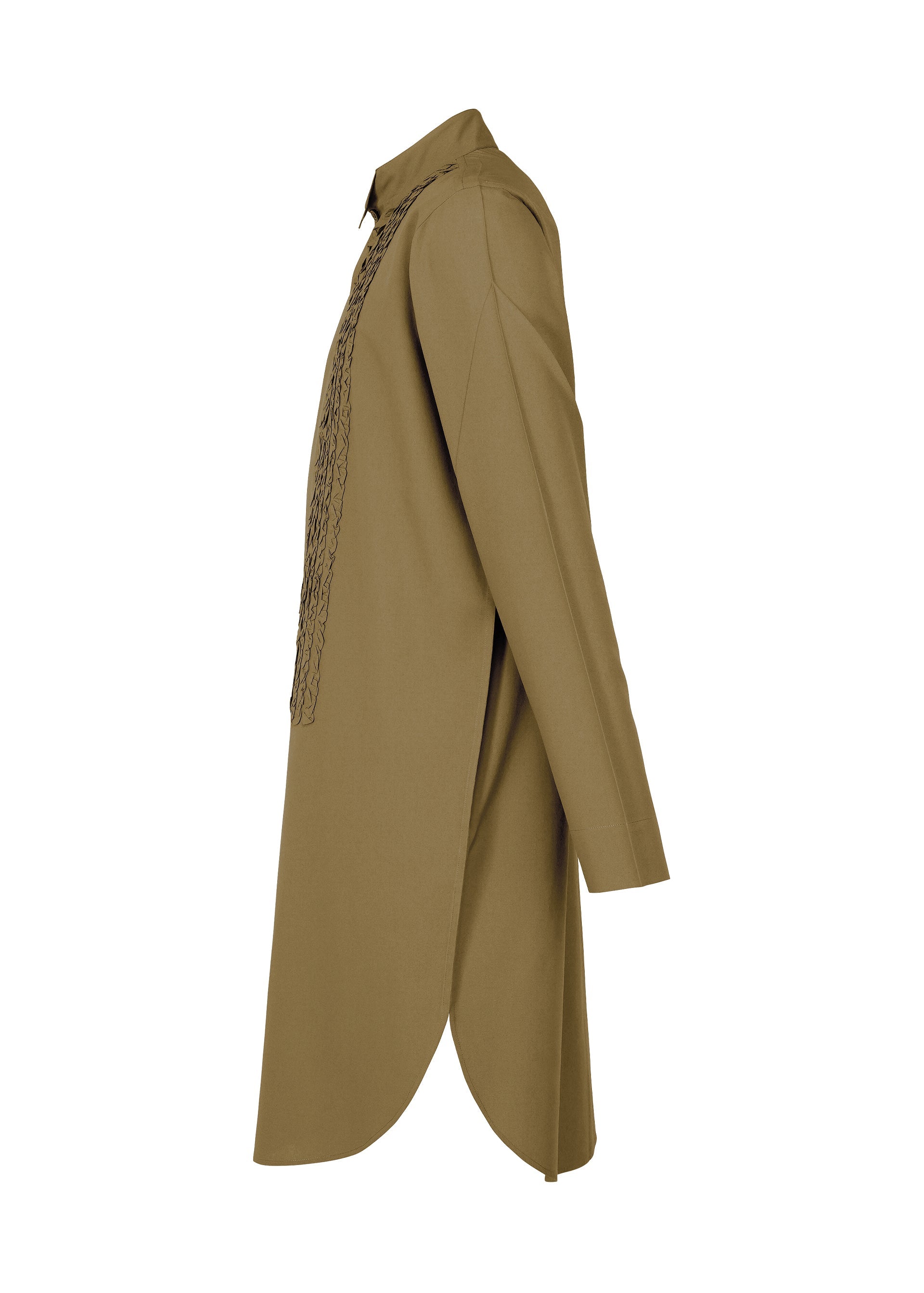 Zoomed view Side view of the EMBROIDERY PRESS SHIRT by HOMME PLISSÉ ISSEY MIYAKE in olive green, featuring a wing collar, button-up front, high-low hem, and decorative chest pleating, shown against a white background.