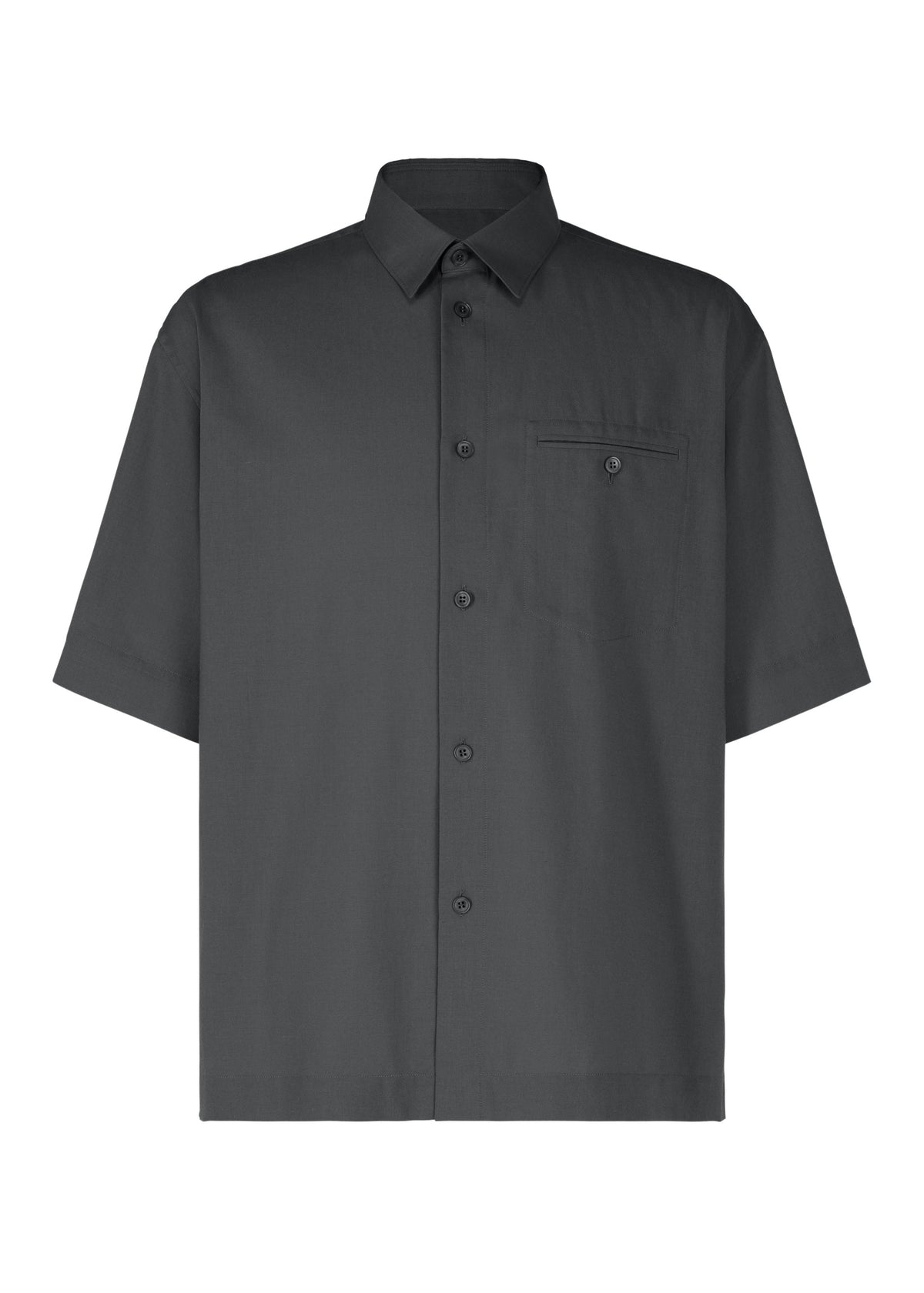 The PL RAMIE SHIRT by HOMME PLISSÉ ISSEY MIYAKE is a charcoal gray, short-sleeve linen blend shirt with a pointed collar and a single chest pocket featuring a buttoned flap. view 1 of 8