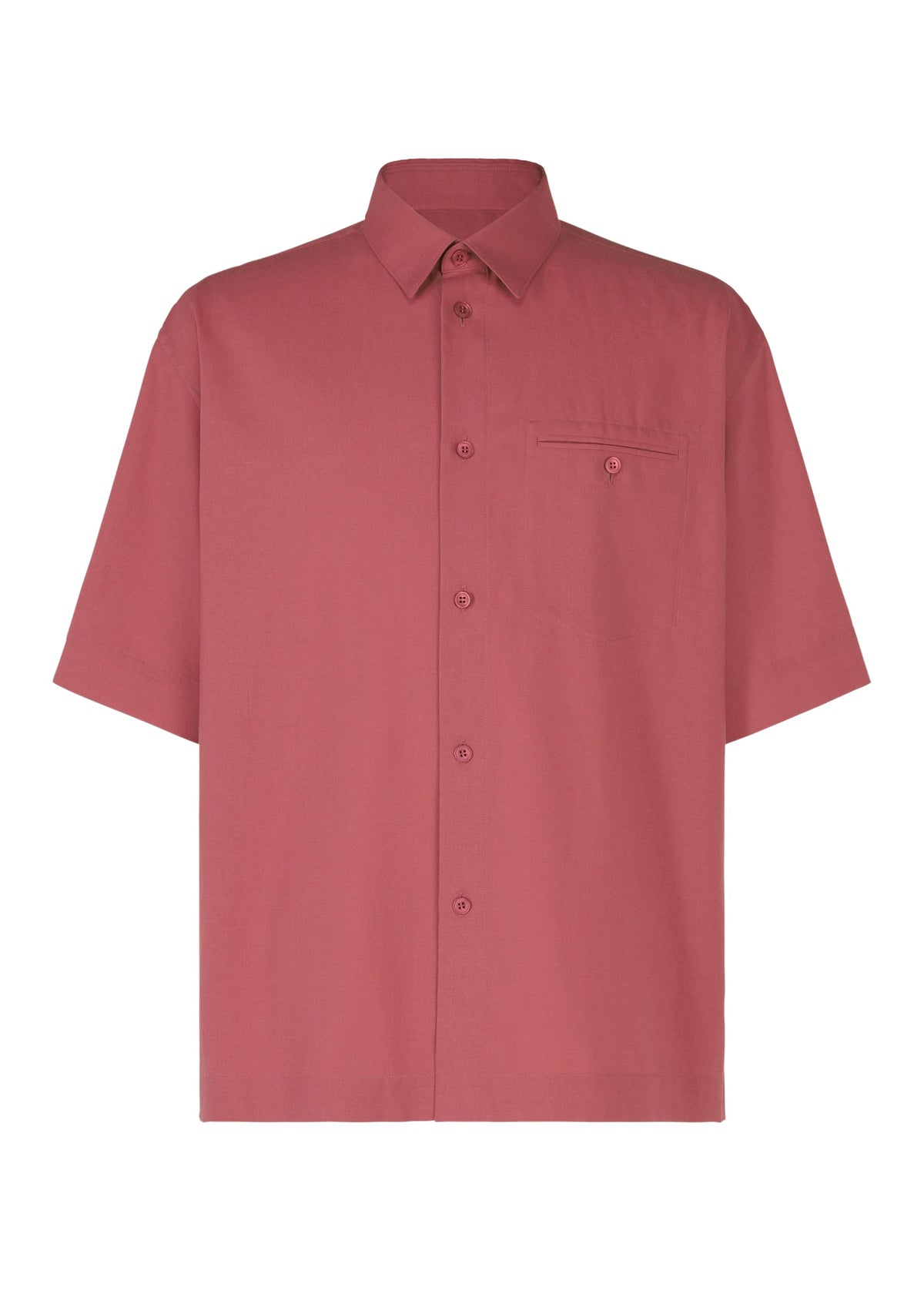 The PL RAMIE SHIRT by HOMME PLISSÉ ISSEY MIYAKE is a muted red, short-sleeved linen-blend shirt featuring a classic collar, left chest pocket, button-up front, and a breathable, comfortable fit in a simple design. view 2 of 8
