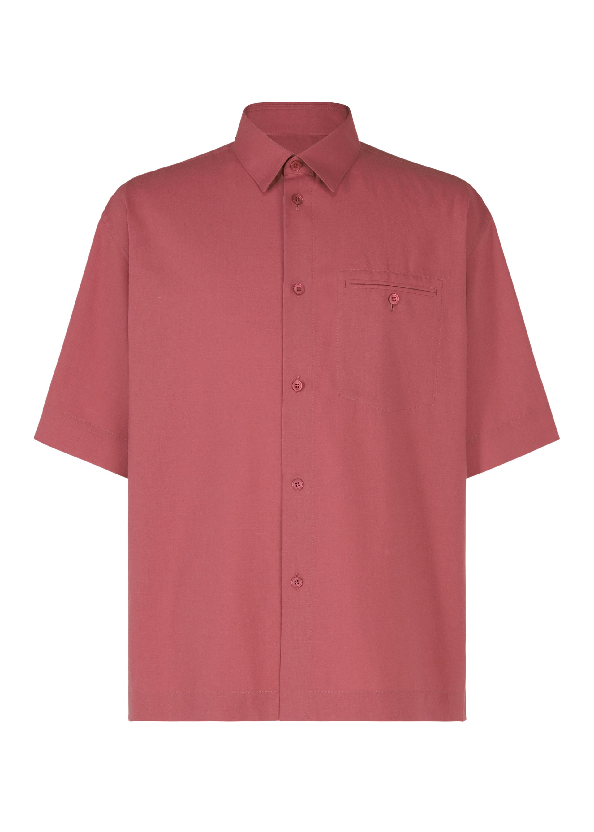 Zoomed view The PL RAMIE SHIRT by HOMME PLISSÉ ISSEY MIYAKE is a muted red, short-sleeved linen-blend shirt featuring a classic collar, left chest pocket, button-up front, and a breathable, comfortable fit in a simple design. - WINE RED （no.29）