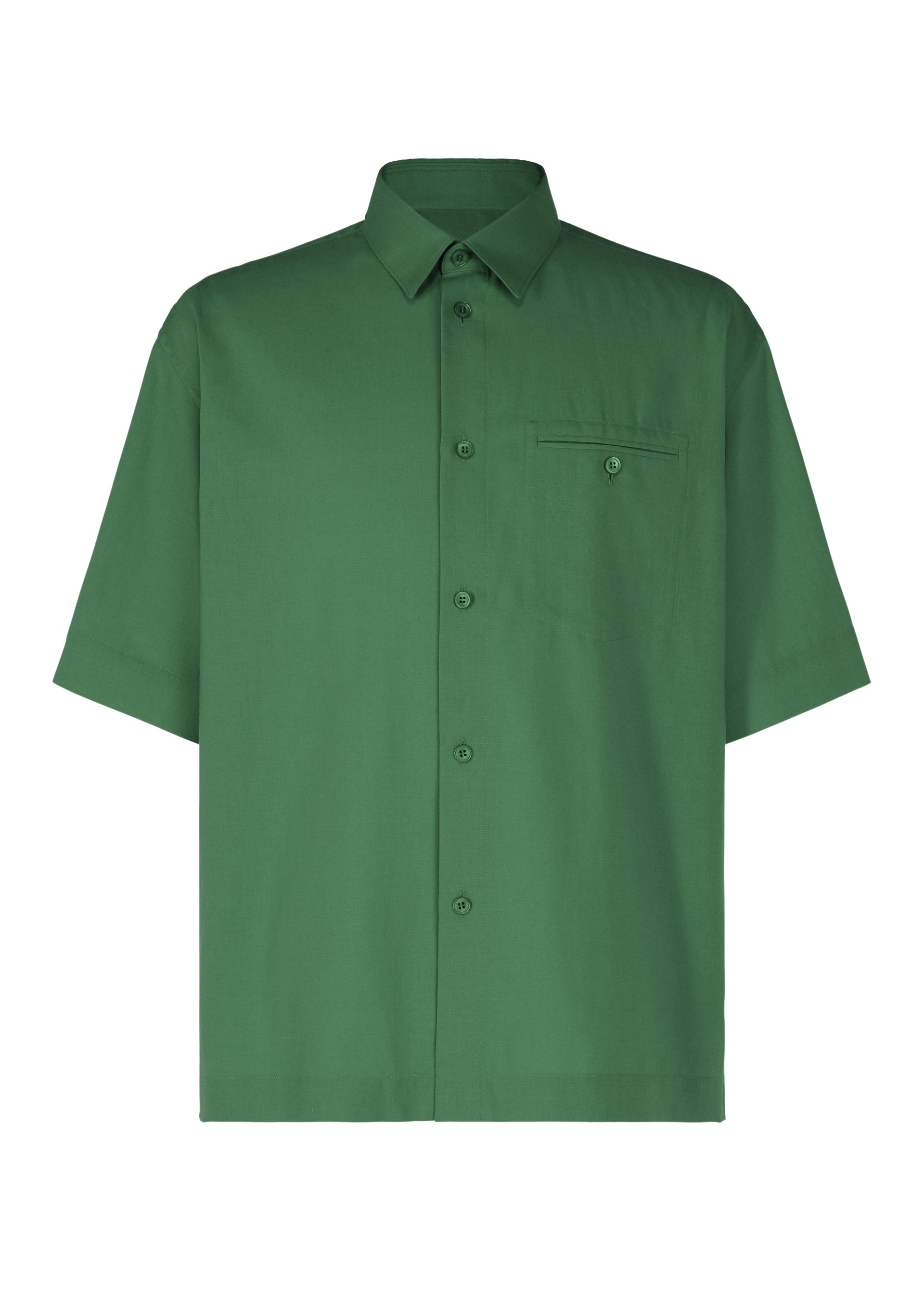 Zoomed view The PL RAMIE SHIRT by HOMME PLISSÉ ISSEY MIYAKE is a green, short-sleeve, button-up linen blend shirt with a collar and a left chest pocket featuring a small buttoned flap. Its breathable fabric and classic design offer timeless style. - GREEN （no.62）