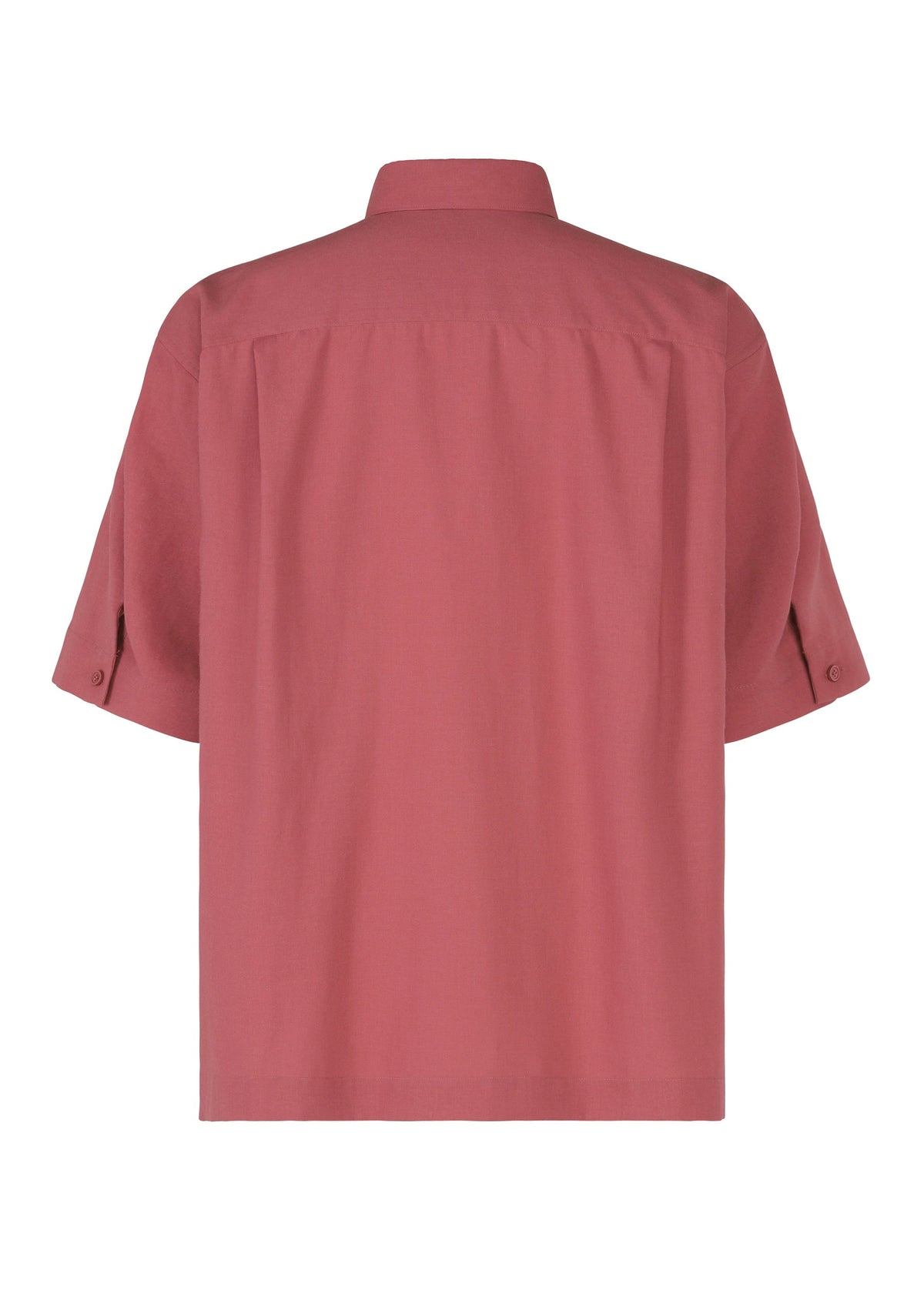 Back view of the PL RAMIE SHIRT by HOMME PLISSÉ ISSEY MIYAKE, a muted red short-sleeved button-up linen blend with a loose fit, collar, visible seams, and buttoned cuffs for breathability. view 4 of 8