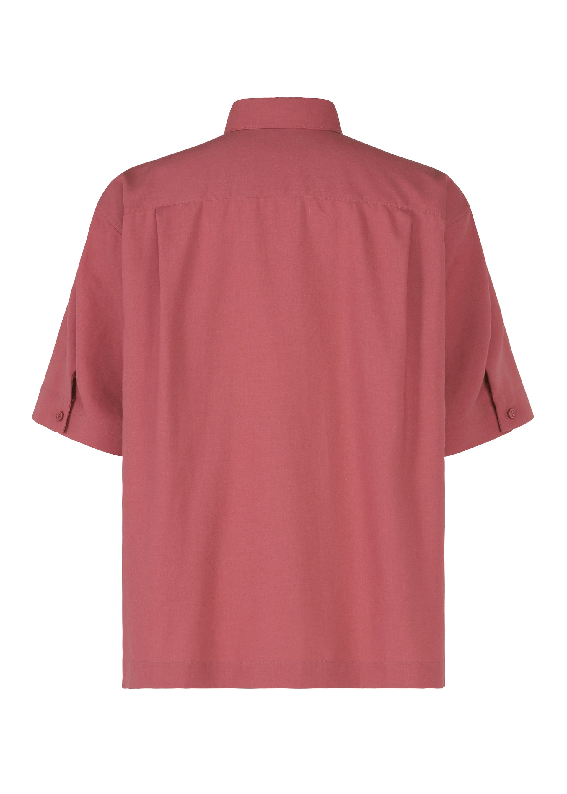 Zoomed view Back view of the PL RAMIE SHIRT by HOMME PLISSÉ ISSEY MIYAKE, a muted red short-sleeved button-up linen blend with a loose fit, collar, visible seams, and buttoned cuffs for breathability.
