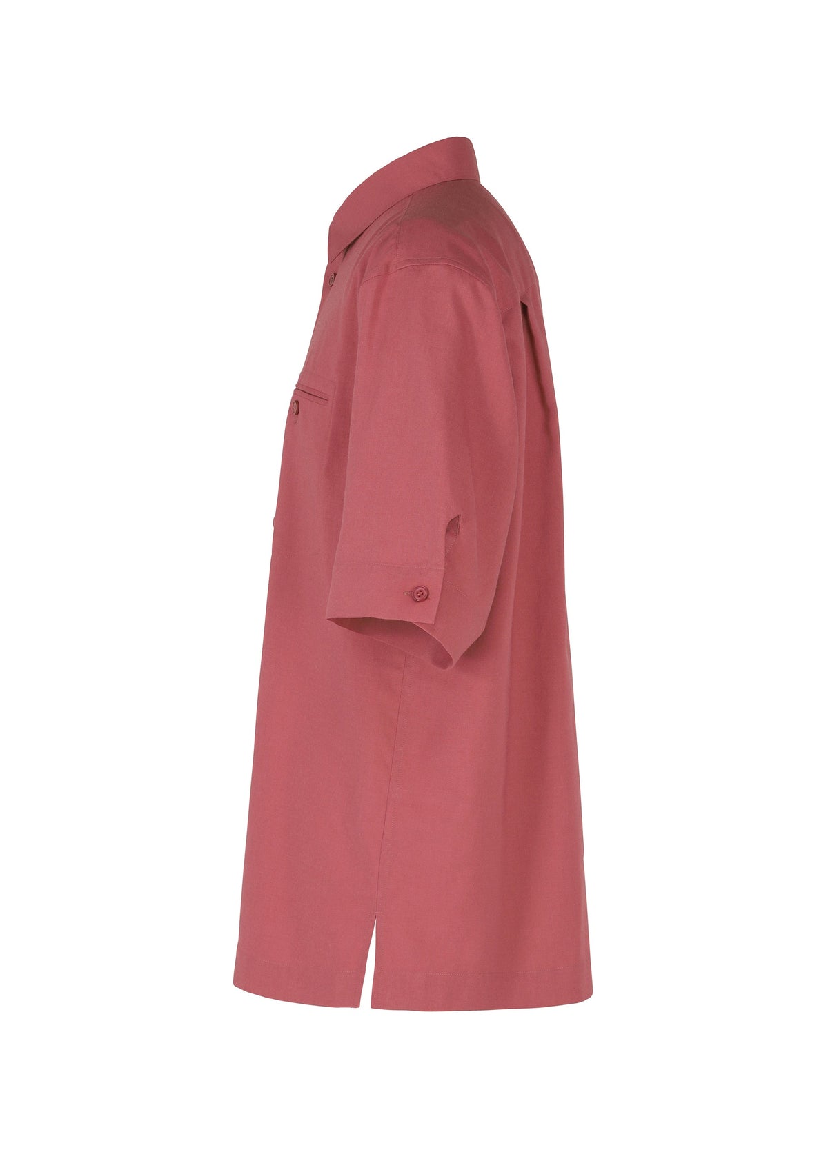 Side view of the PL RAMIE SHIRT by HOMME PLISSÉ ISSEY MIYAKE, a short-sleeved, muted red linen-blend shirt with a collar, chest pocket, hem slit, and breathable fabric. Displayed against a white background. view 5 of 8