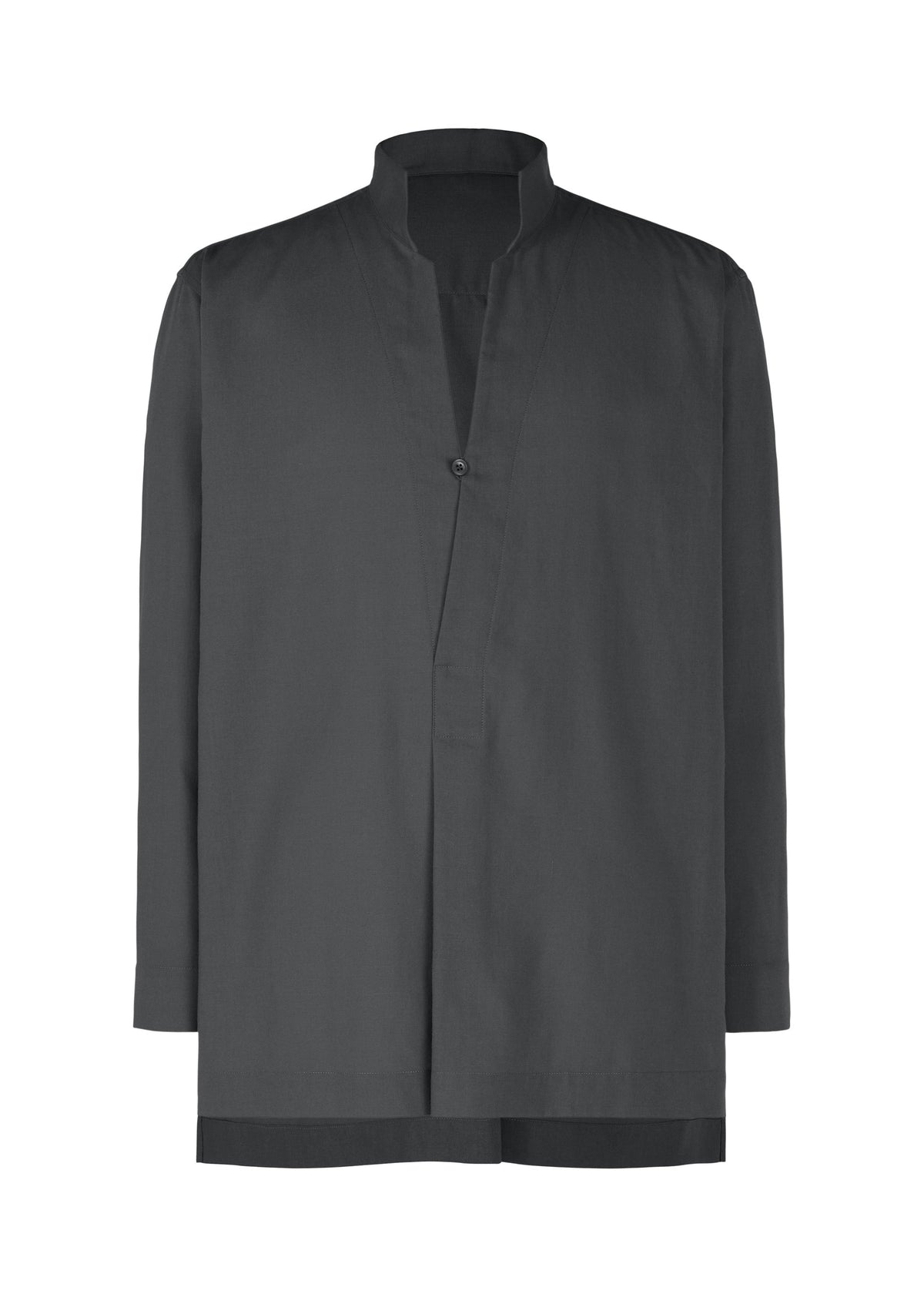 The PL RAMIE SHIRT by HOMME PLISSÉ ISSEY MIYAKE is a dark gray, long-sleeved, breathable shirt featuring a mandarin collar, single top button closure, and a minimal loose fit. view 1 of 7
