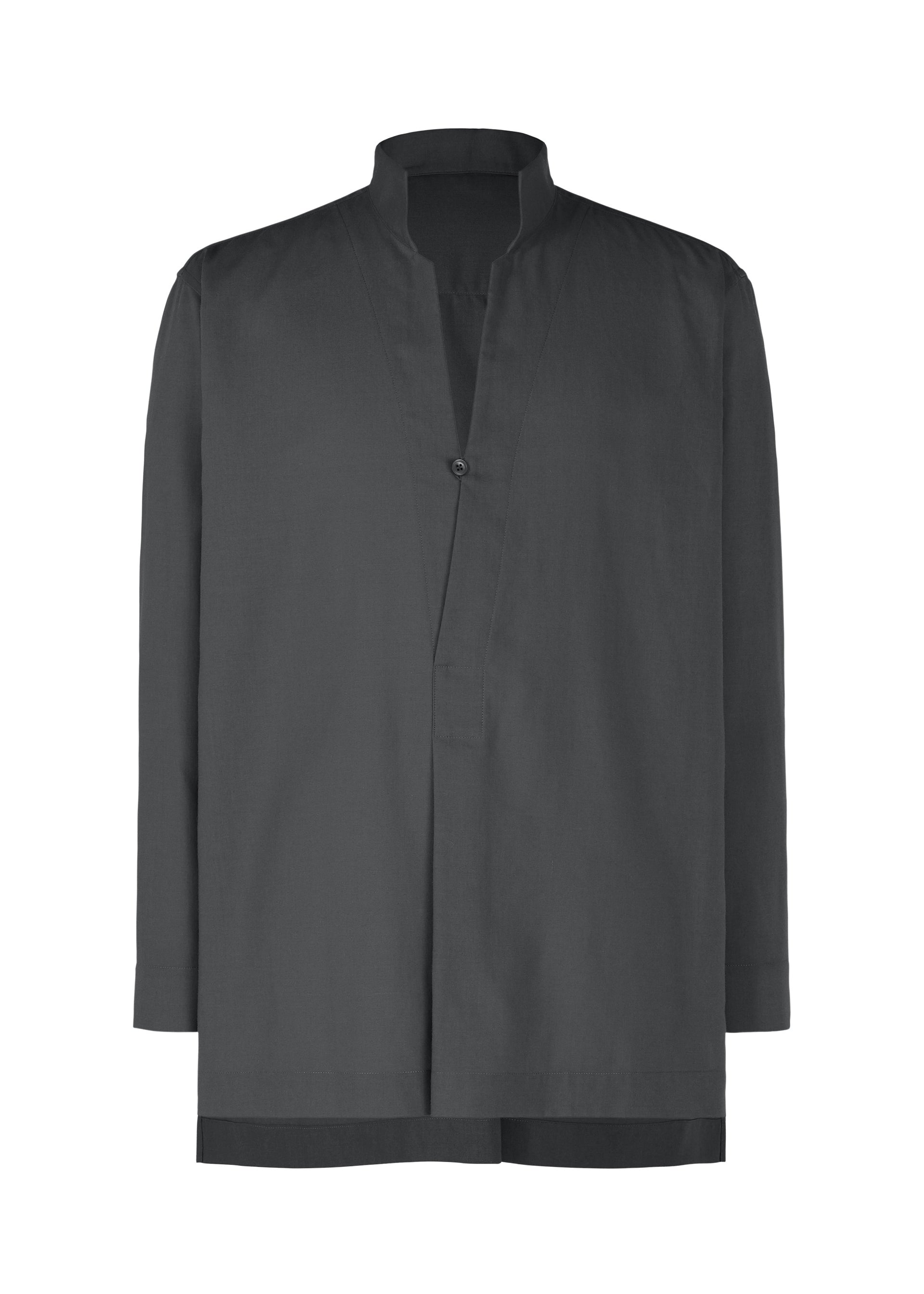 Zoomed view The PL RAMIE SHIRT by HOMME PLISSÉ ISSEY MIYAKE is a dark gray, long-sleeved, breathable shirt featuring a mandarin collar, single top button closure, and a minimal loose fit. - CHARCOAL （no.14）