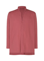 The PL RAMIE SHIRT by HOMME PLISSÉ ISSEY MIYAKE is a long-sleeved, rose-colored shirt featuring a Mandarin collar, single front button, straight hem, and minimalist design without visible pockets or embellishments. - WINE RED （no.29）
