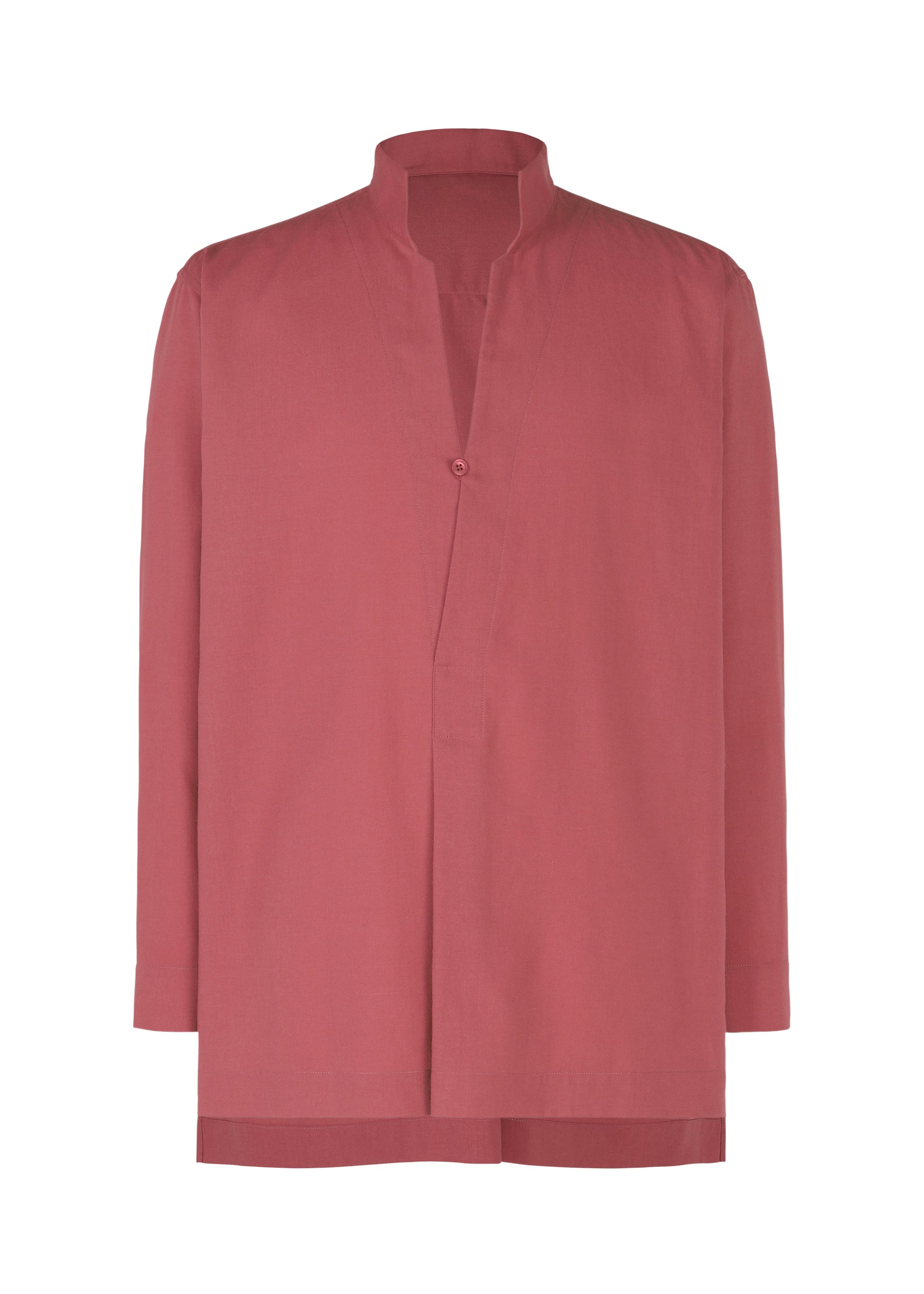 Zoomed view The PL RAMIE SHIRT by HOMME PLISSÉ ISSEY MIYAKE is a long-sleeved, rose-colored shirt featuring a Mandarin collar, single front button, straight hem, and minimalist design without visible pockets or embellishments. - WINE RED （no.29）