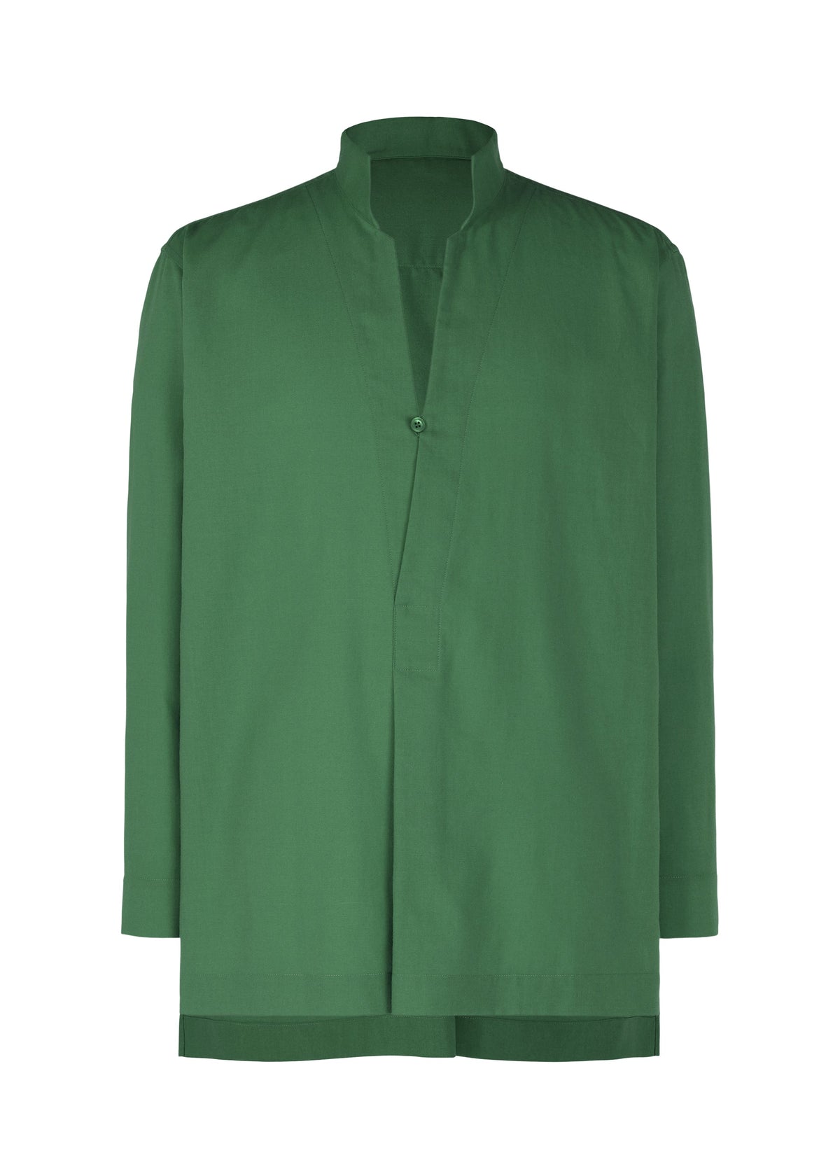 The PL RAMIE SHIRT by HOMME PLISSÉ ISSEY MIYAKE is a breathable, long-sleeved green shirt featuring a collarless, minimalistic design with a single neckline button and a straight, relaxed fit for a clean, modern look. view 3 of 7