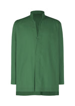 The PL RAMIE SHIRT by HOMME PLISSÉ ISSEY MIYAKE is a breathable, long-sleeved green shirt featuring a collarless, minimalistic design with a single neckline button and a straight, relaxed fit for a clean, modern look. - GREEN （no.62）