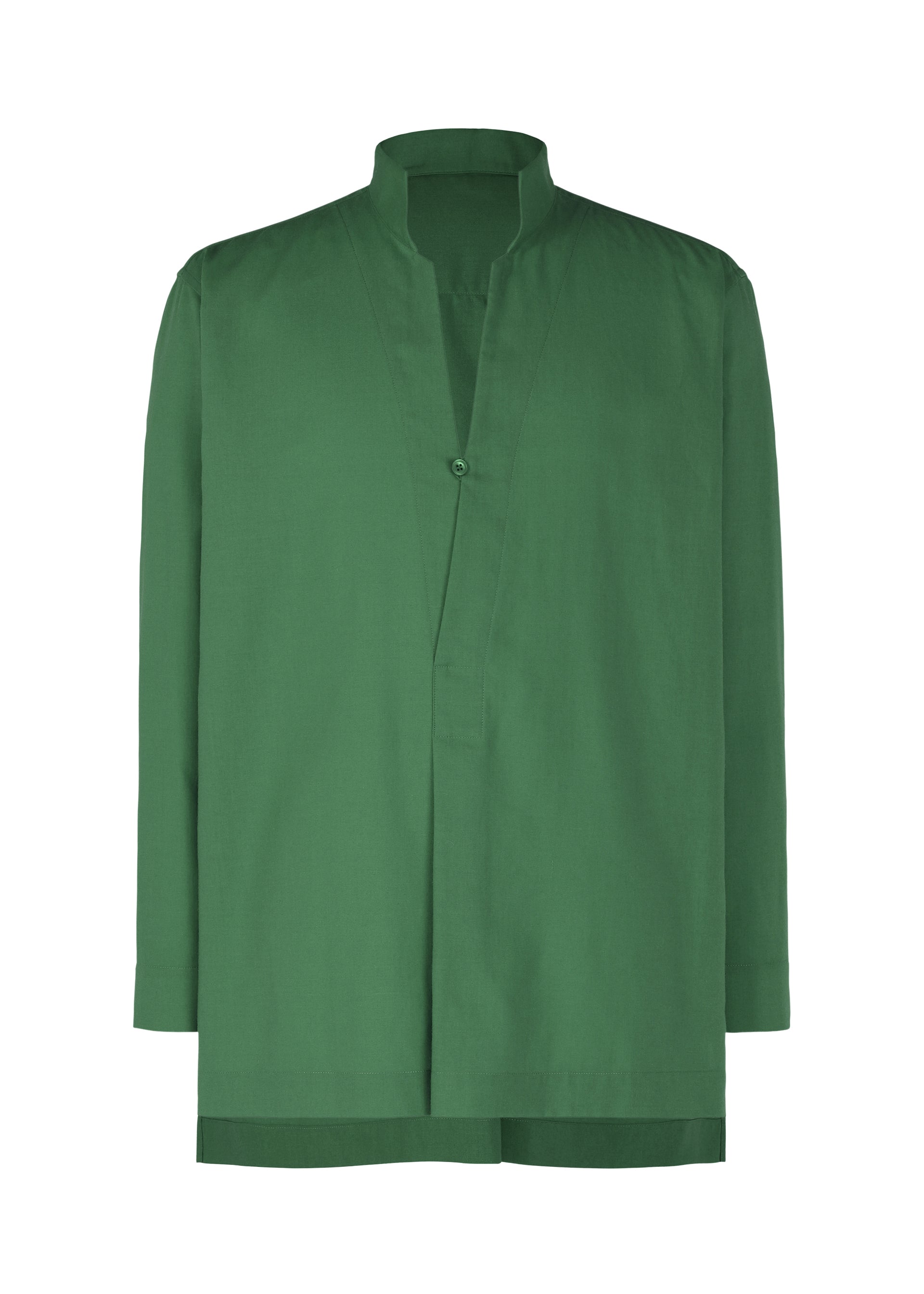 Zoomed view The PL RAMIE SHIRT by HOMME PLISSÉ ISSEY MIYAKE is a breathable, long-sleeved green shirt featuring a collarless, minimalistic design with a single neckline button and a straight, relaxed fit for a clean, modern look. - GREEN （no.62）