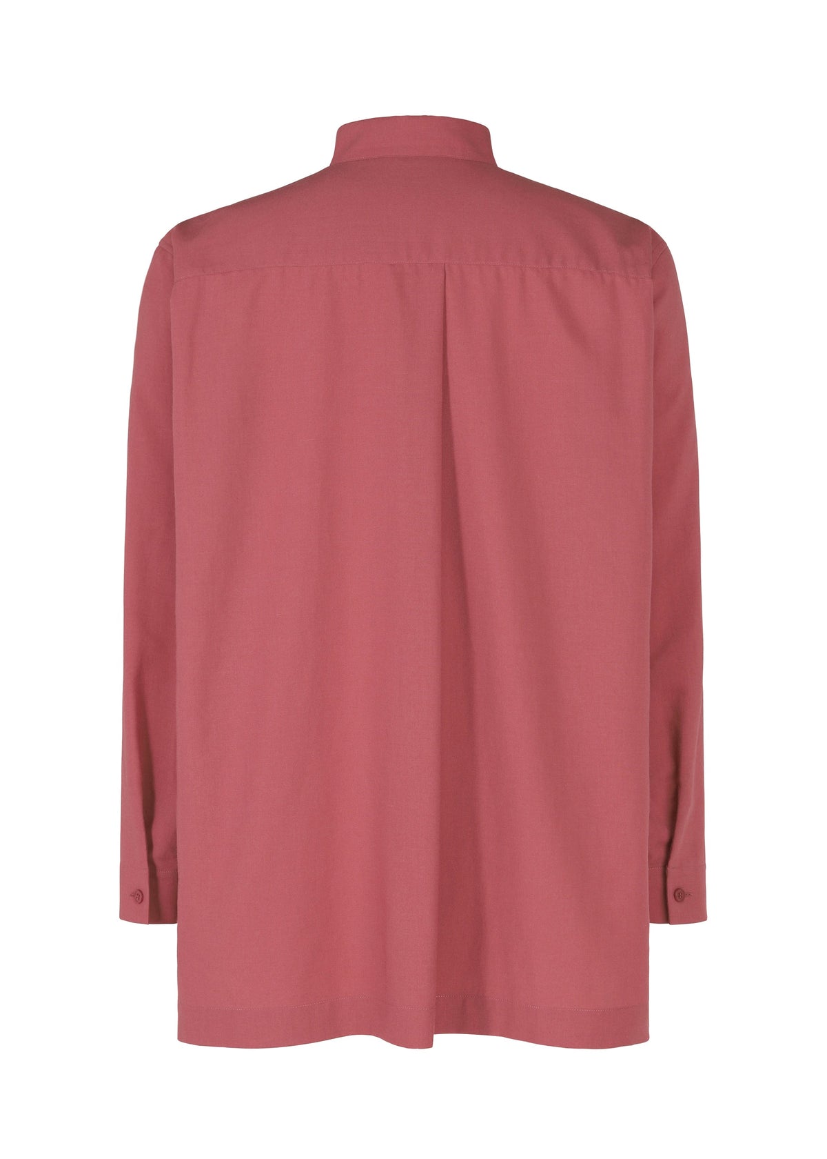 The PL RAMIE SHIRT by HOMME PLISSÉ ISSEY MIYAKE is a straight-cut, long-sleeved, wrinkle-resistant shirt in muted reddish-pink, shown from the back with a collar and buttoned cuffs. view 4 of 7