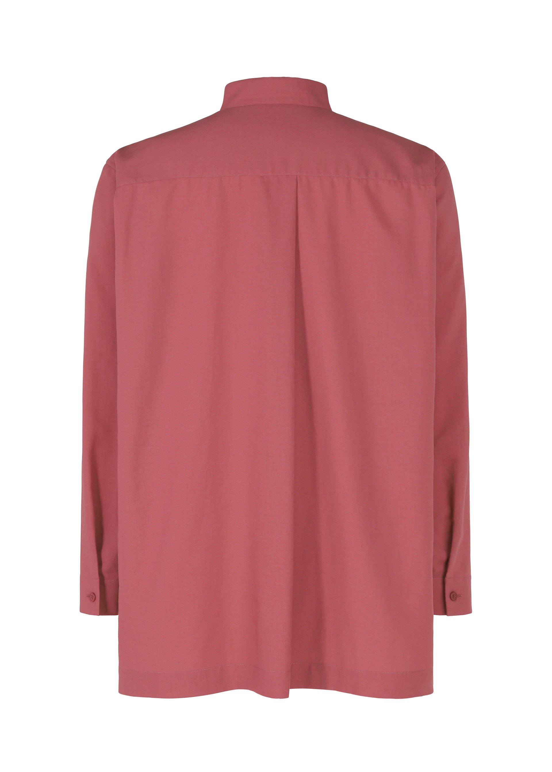 Zoomed view The PL RAMIE SHIRT by HOMME PLISSÉ ISSEY MIYAKE is a straight-cut, long-sleeved, wrinkle-resistant shirt in muted reddish-pink, shown from the back with a collar and buttoned cuffs.