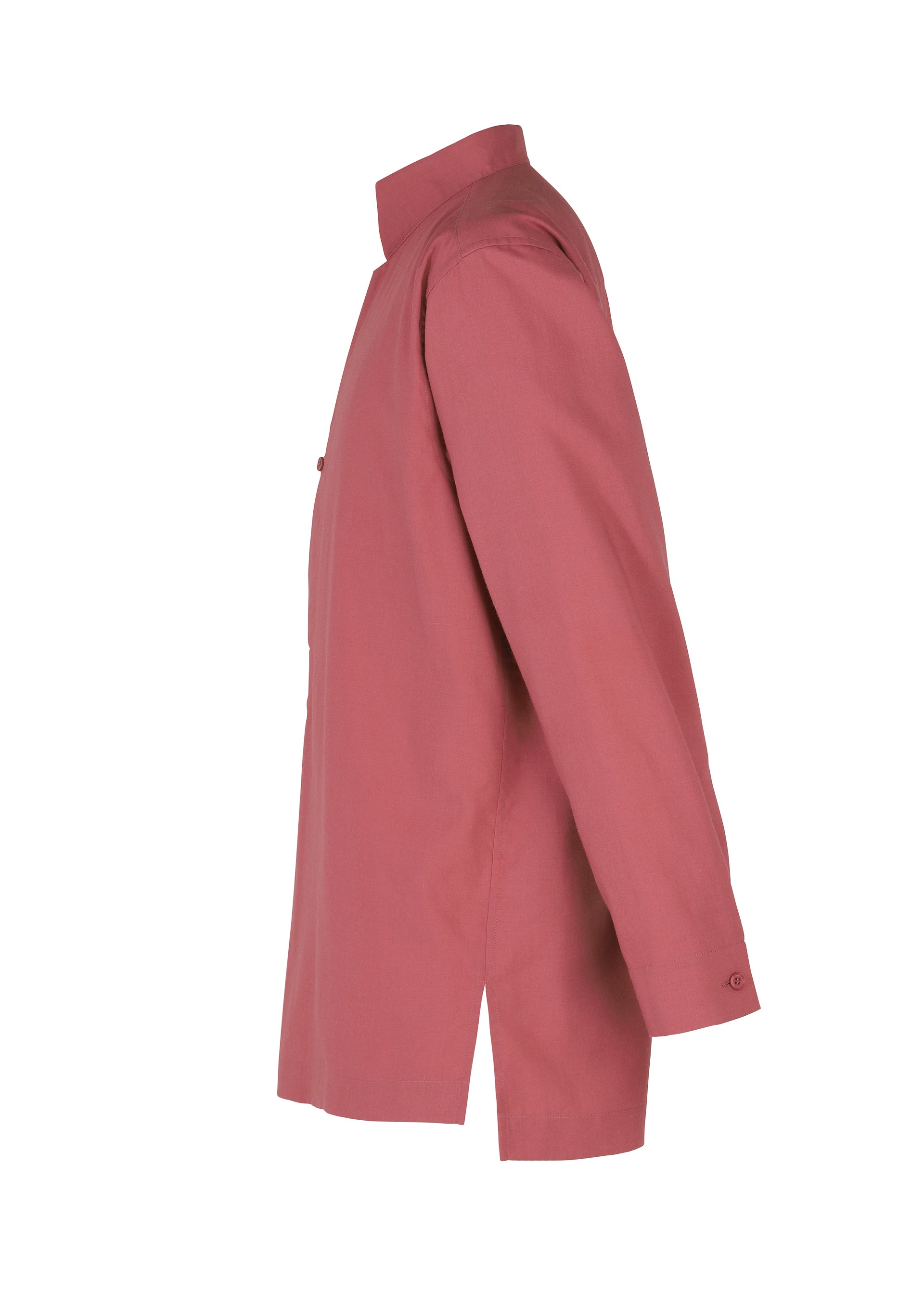 Zoomed view The HOMME PLISSÉ ISSEY MIYAKE PL RAMIE SHIRT is a rose-hued, wrinkle-resistant long-sleeve shirt with a mandarin collar, straight hem with side slits, and buttoned cuffs for easy comfort. Shown in a side view.