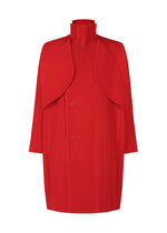 The COVER AND FOLD by HOMME PLISSÉ ISSEY MIYAKE is a knee-length, long-sleeve, bright red coat with a high collar, 3D pleating, cape-style overlapping shoulder yoke, and matching red front buttons. - TOMATO RED （no.27）