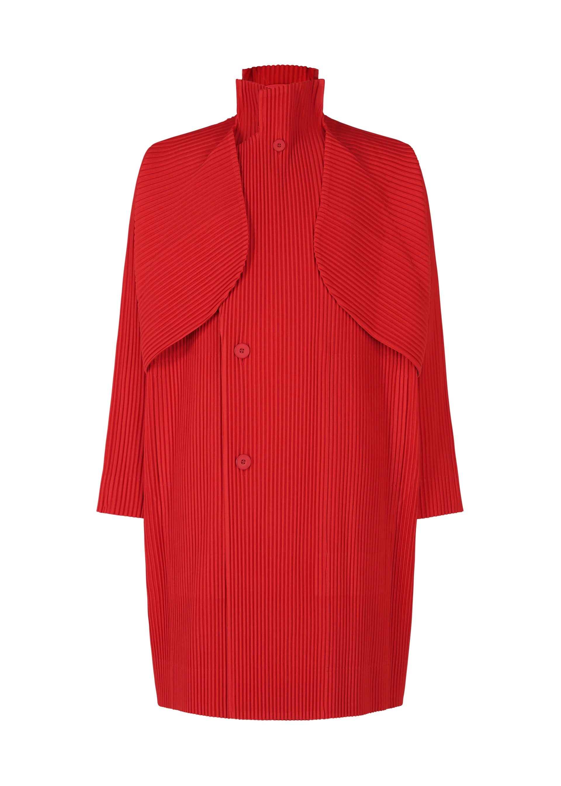 Zoomed view The COVER AND FOLD by HOMME PLISSÉ ISSEY MIYAKE is a knee-length, long-sleeve, bright red coat with a high collar, 3D pleating, cape-style overlapping shoulder yoke, and matching red front buttons. - TOMATO RED （no.27）