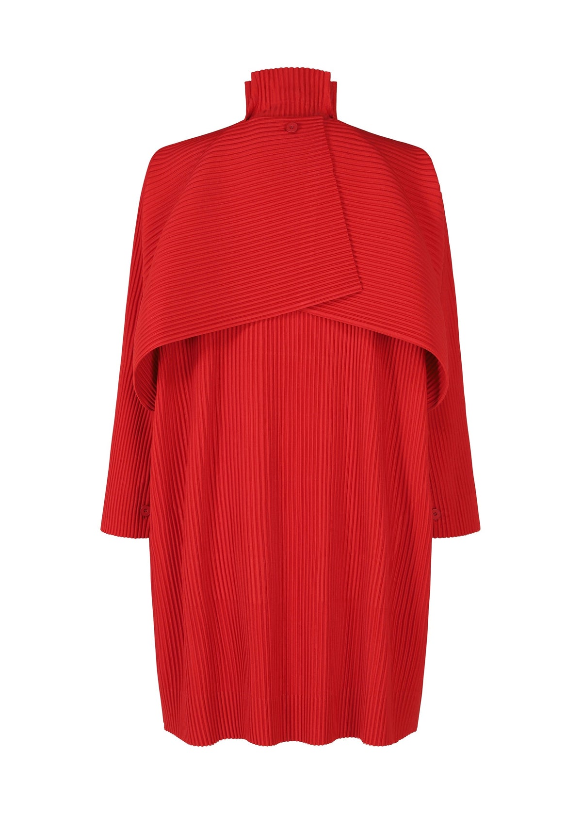 The COVER AND FOLD coat by HOMME PLISSÉ ISSEY MIYAKE is a loose-fitting, long-sleeved red piece with a high collar, ribbed texture, and an overlapping yoke that forms a cape-like overlay on the chest and shoulders. view 3 of 6