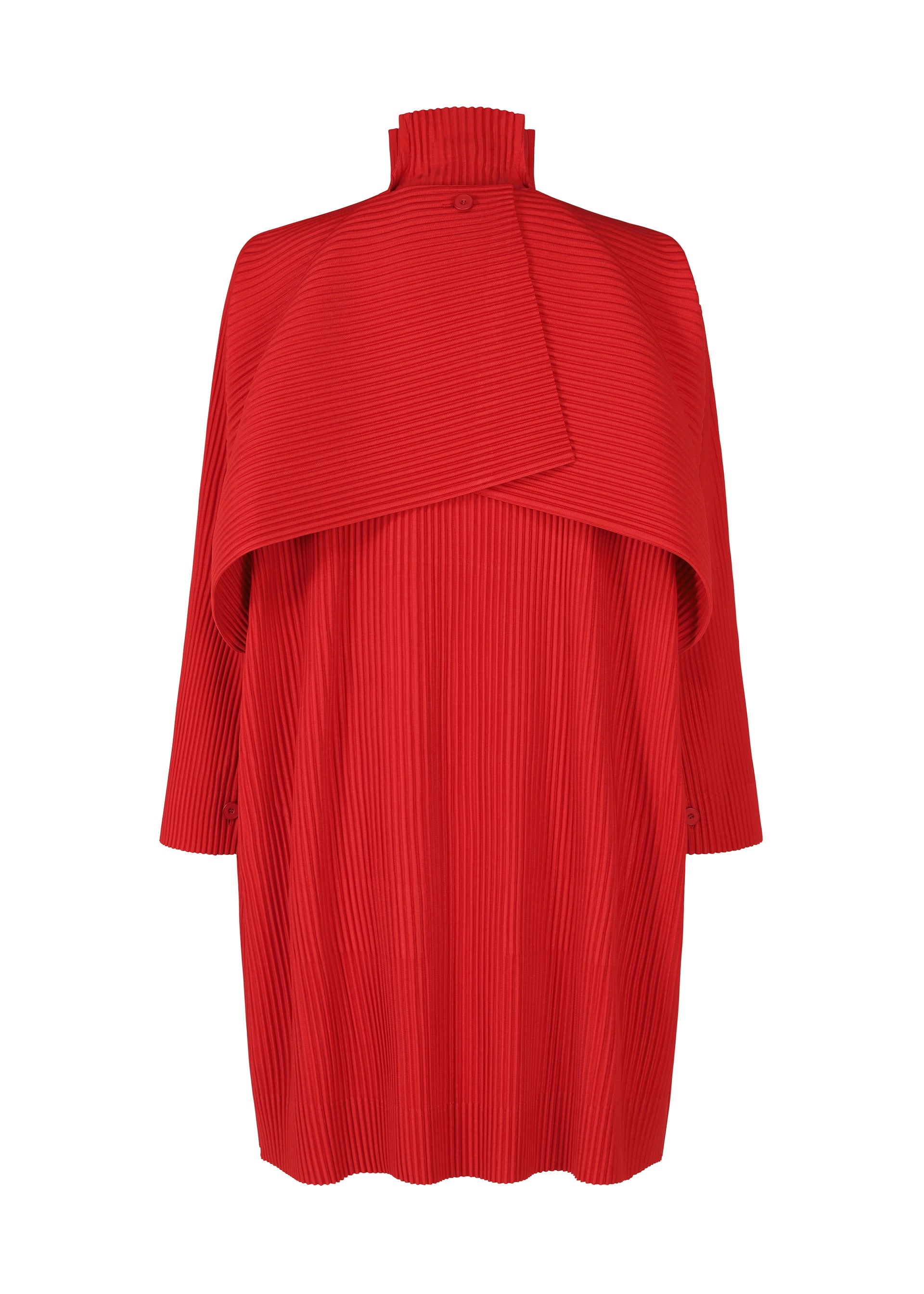 Zoomed view The COVER AND FOLD coat by HOMME PLISSÉ ISSEY MIYAKE is a loose-fitting, long-sleeved red piece with a high collar, ribbed texture, and an overlapping yoke that forms a cape-like overlay on the chest and shoulders.