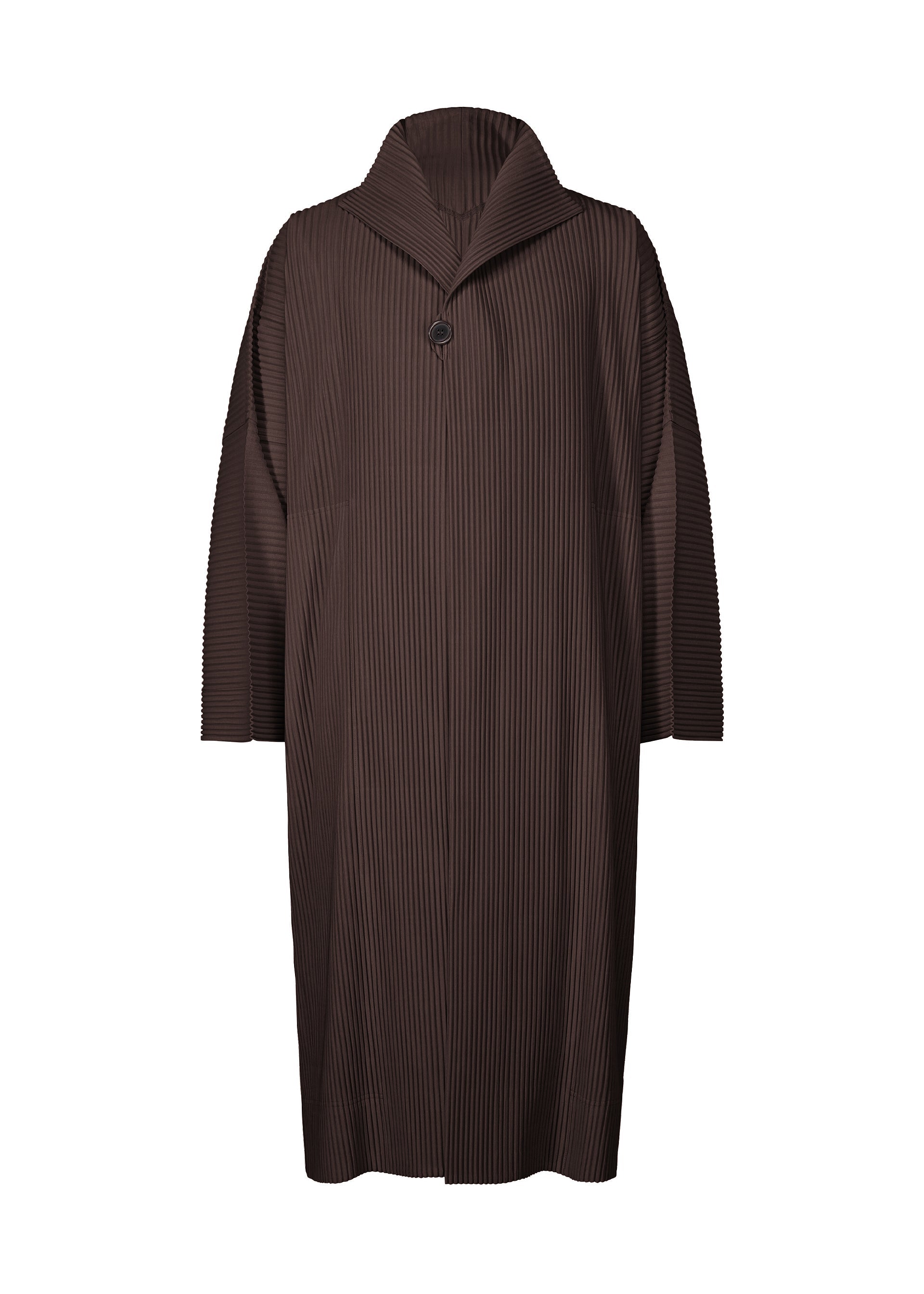 Zoomed view The HOMME PLISSÉ ISSEY MIYAKE WEAR OR WRAP is a long, loose dark brown pleated coat with wide sleeves and a single top button, styled like a stole wrap, shown against a plain white background. - EGG PLANT BLACK （no.18）