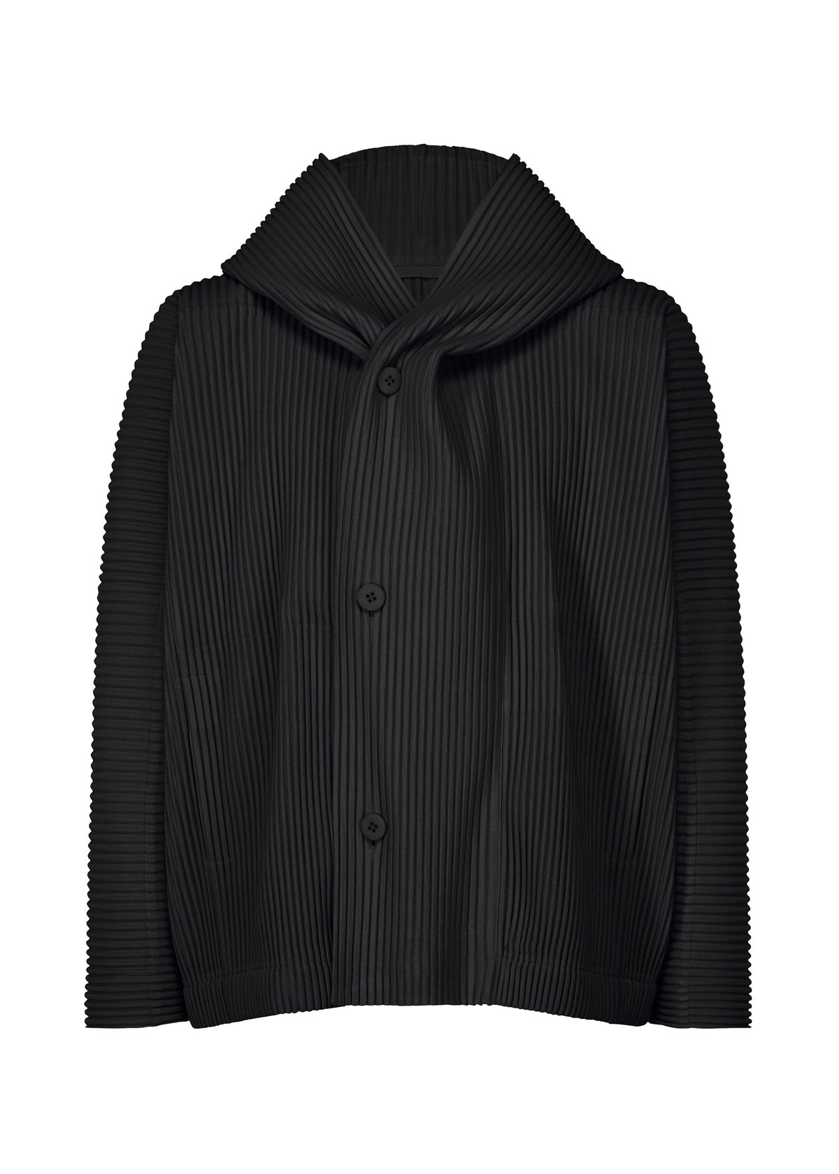The MONTHLY COLORS : MARCH jacket by HOMME PLISSÉ ISSEY MIYAKE is a black, quick-dry polyester piece with long sleeves, a hood, wide structured collar, vertical pleats, three front buttons, and a modern textured design. view 1 of 7