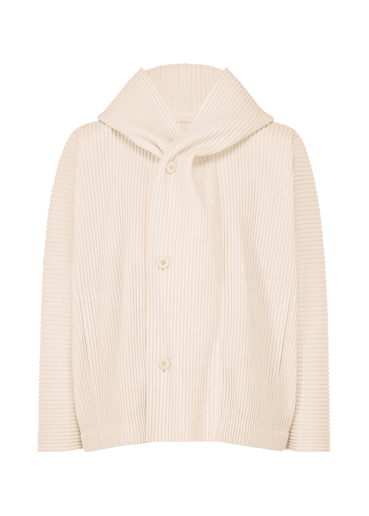 The MONTHLY COLORS : MARCH jacket by HOMME PLISSÉ ISSEY MIYAKE is a cream, long-sleeve polyester piece featuring wide ribbed texture, three large buttons, and a structured minimal design with a wide folded collar. view 2 of 7