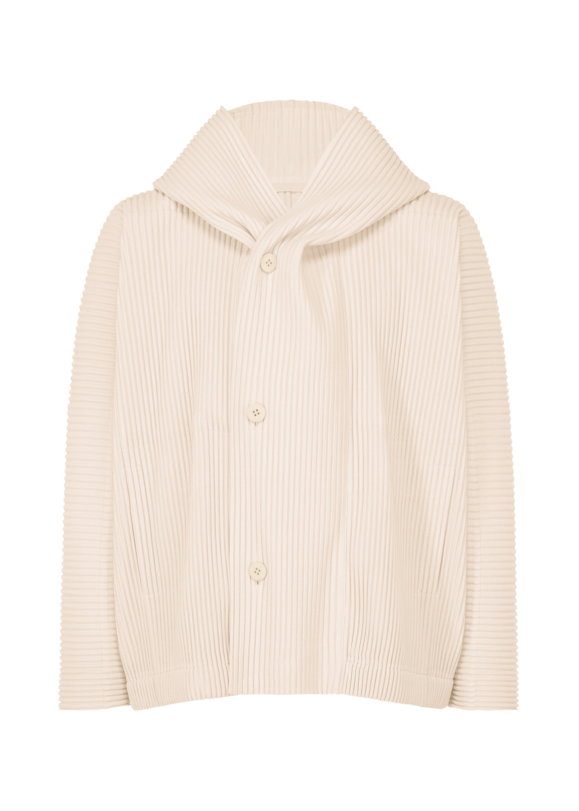 Zoomed view The MONTHLY COLORS : MARCH jacket by HOMME PLISSÉ ISSEY MIYAKE is a cream, long-sleeve polyester piece featuring wide ribbed texture, three large buttons, and a structured minimal design with a wide folded collar. - DUOMO BEIGE （no.42）