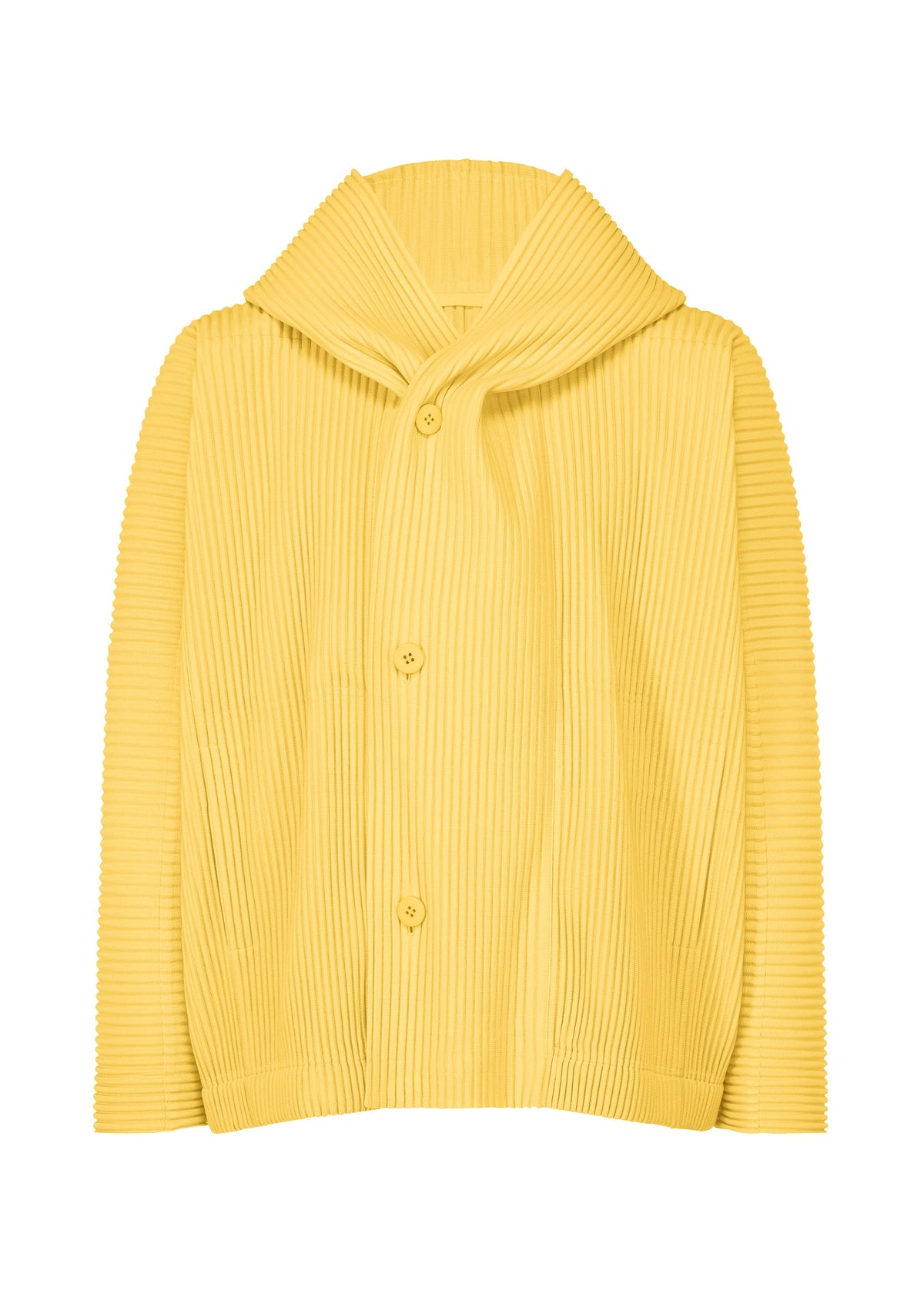 The MONTHLY COLORS : MARCH by HOMME PLISSÉ ISSEY MIYAKE is a yellow, long-sleeve hooded jacket with wide ribbed texture, folded collar, three-button front closure, crafted from quick-drying polyester for comfort and ease. view 3 of 7