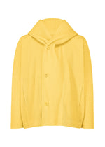 The MONTHLY COLORS : MARCH by HOMME PLISSÉ ISSEY MIYAKE is a yellow, long-sleeve hooded jacket with wide ribbed texture, folded collar, three-button front closure, crafted from quick-drying polyester for comfort and ease. - AGAVE YELLOW （no.54）