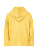 The MONTHLY COLORS : MARCH jacket by HOMME PLISSÉ ISSEY MIYAKE is yellow with long sleeves, a ribbed pleated texture, wide collar, buttoned cuffs, hood, and quick-drying fabric—shown from the back.