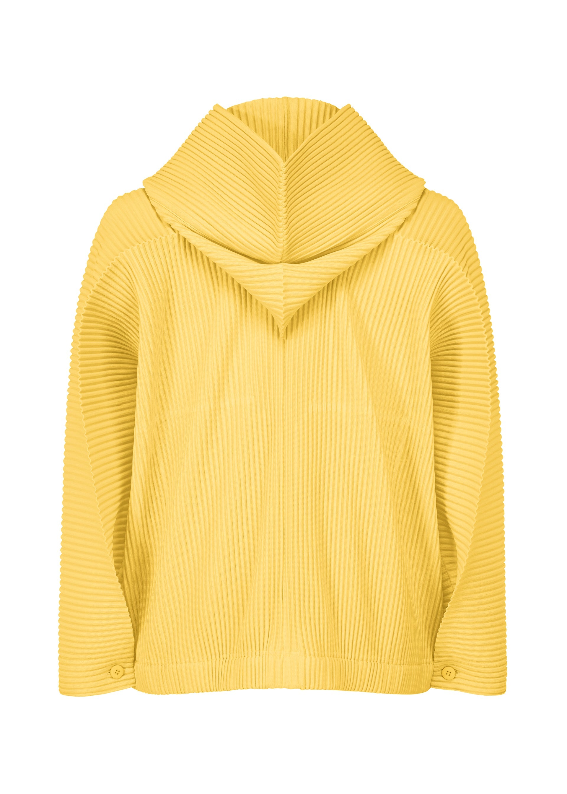 Zoomed view The MONTHLY COLORS : MARCH jacket by HOMME PLISSÉ ISSEY MIYAKE is yellow with long sleeves, a ribbed pleated texture, wide collar, buttoned cuffs, hood, and quick-drying fabric—shown from the back.