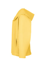 Side view of the HOMME PLISSÉ ISSEY MIYAKE MONTHLY COLORS : MARCH—a yellow, ribbed long-sleeve polyester jacket with a structured collar, asymmetric design, and textured vertical lines. Quick-drying material; no visible buttons or fastenings.