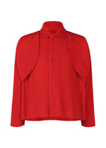 COVER AND FOLD by HOMME PLISSÉ ISSEY MIYAKE is a vivid red long-sleeved blouse with 3D pleating, a button-down front, and a distinctive cape-like shoulder overlay. - TOMATO RED （no.27）